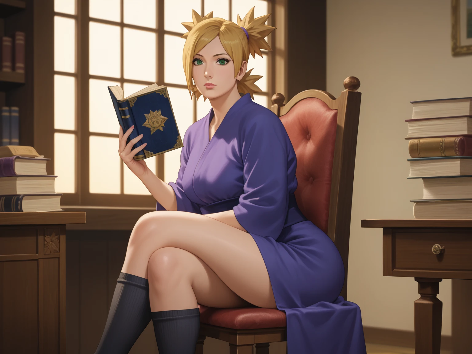 Solo, Score_9, score_8_up, score_7_up, kemono style, Kimiko, thin tall elf woman, solo, blonde hair , pony tail hair style, puzzled face, sweat, glowing blue eyes, full body shot, attractive smile, perfect slim body, wearing a chain tabard, blue armored skirt, metal armored boots, circular glasses, visible arms, gauntlets with ice on them, carrying a large magical staff, holding a map in one hand. Face is confused, puzzled expression, mid angle shot, one hand holding map, one hand throwing a basketball behind her. looks lost, sitting on stool, in magical academy, hair is up in ponytail, adult female, long legs, throwing basketball over shoulder backwards, another characters hand reaching to face her head towards the camera. A hand grabbing her head to make her look at the camera.