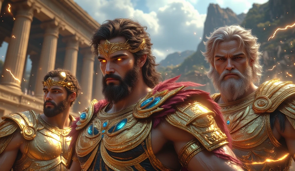 Create a captivating 8K image featuring a lineup of influential Greek figures from the 3rd century BC, transformed into statues within a scene that draws inspiration from the dramatic visuals of 'God of War'. Surround the statues with an air of mystique through shadow and intense lighting, capturing the essence of their contributions to history.