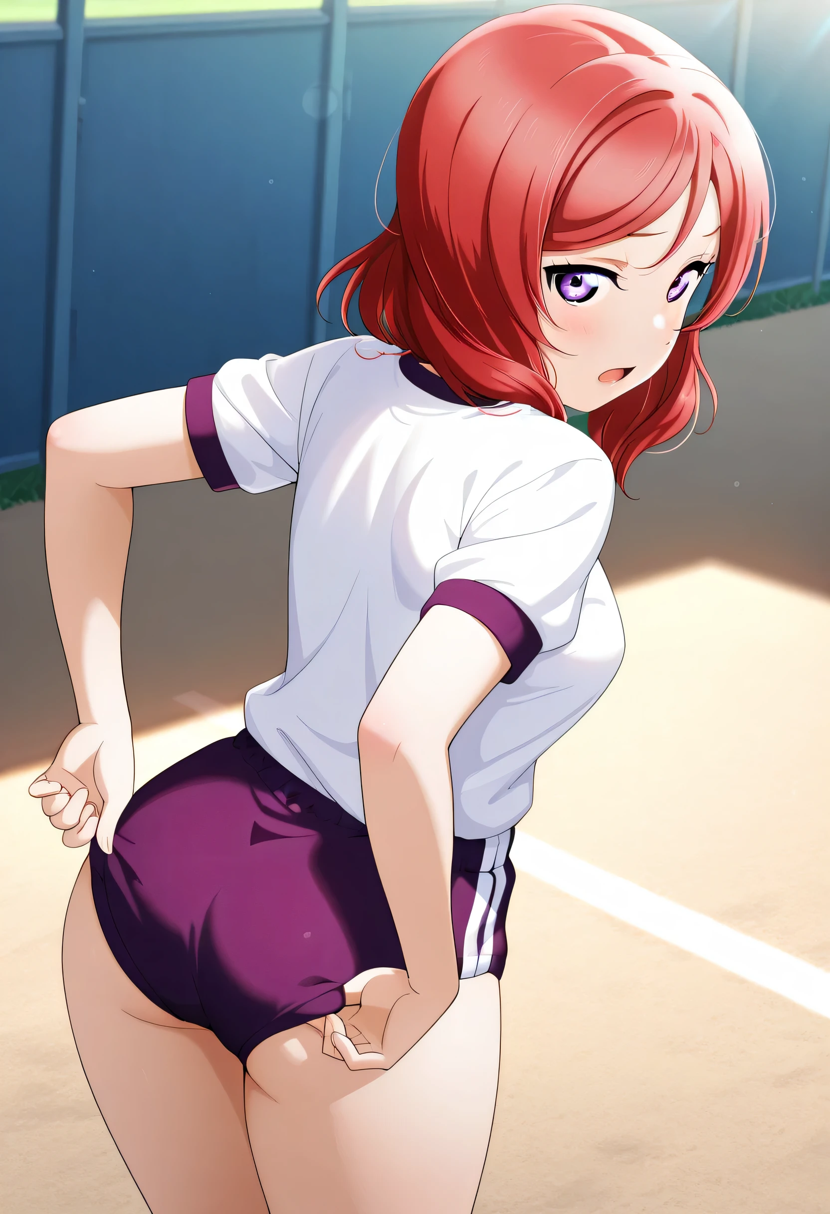 masterpiece, best quality, 1girl, solo, lovelive_maki,white shirt,red buruma, breasts, red hair, medium hair, purple eyes,embarrassing,looking at viewer, open mouth,(back),standing,(((adjusting red buruma))),(school yard),