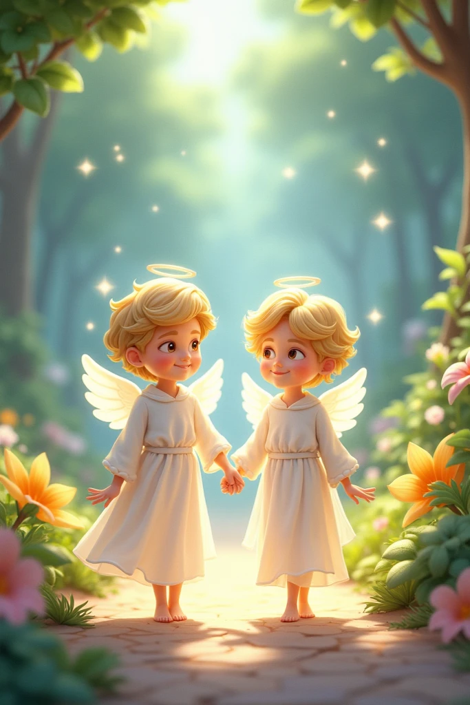 A blonde boy with angel wings, loving eyes and light smile, grabbing another boy with light blonde hair
