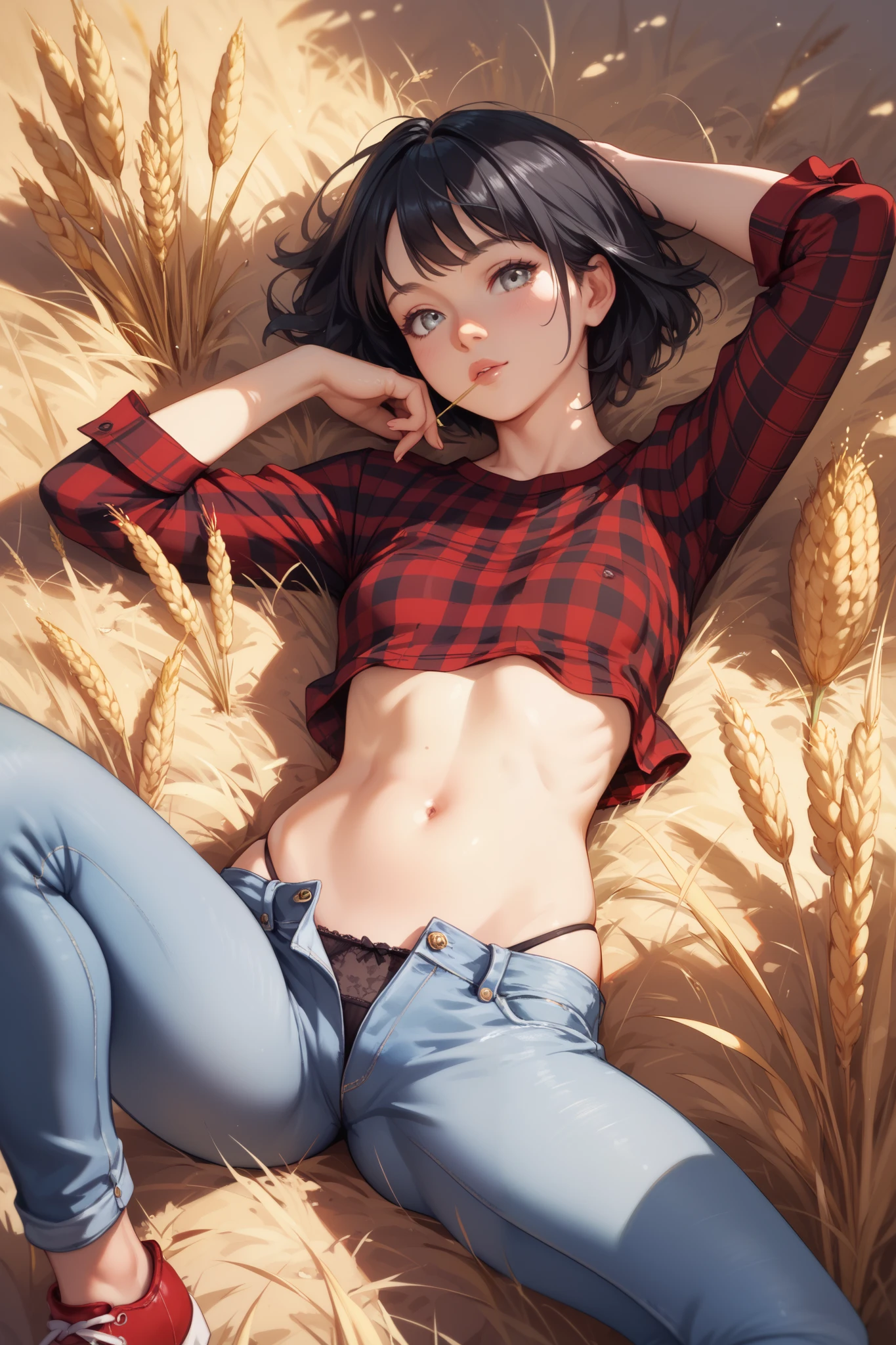 (Beautiful slender thin exquisite) (nude) (Girl ) (with a perfect southern type face) (with short burgundy hair) (with tender beautiful big breasts with tender nipples) (barefoot) ((((in an unbuttoned open pink shirt over his naked body and short burgundy shorts)))) coming ((along the brick road)) in the middle of a flowering field (with a glass of wine), in a gentle watercolor style, Discreet shades, sfumato, haze, diffused dim light, delicate mint shades, imitation of film photography, (olive and grape groves, Brick Road), (High image quality, Maximum detail), (sunset lighting, Warm evening shades, warm golden and olive sunset light)