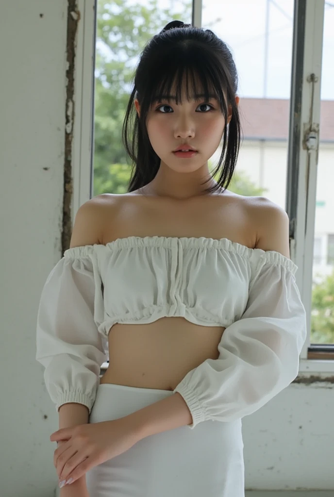 (looking at the camera),(bent over:1,bent over:1),((The skin is wet from sweat)),Cleavage,Inside the house,entrance,Wearing a shirt,Looking down,Troubled face、Skirt Lift、Lift up your miniskirt with your hands,woman, 20-year-old, Short Hair、bangs、(Plain Mini Skirt),(White lace panties)、Cute earrings