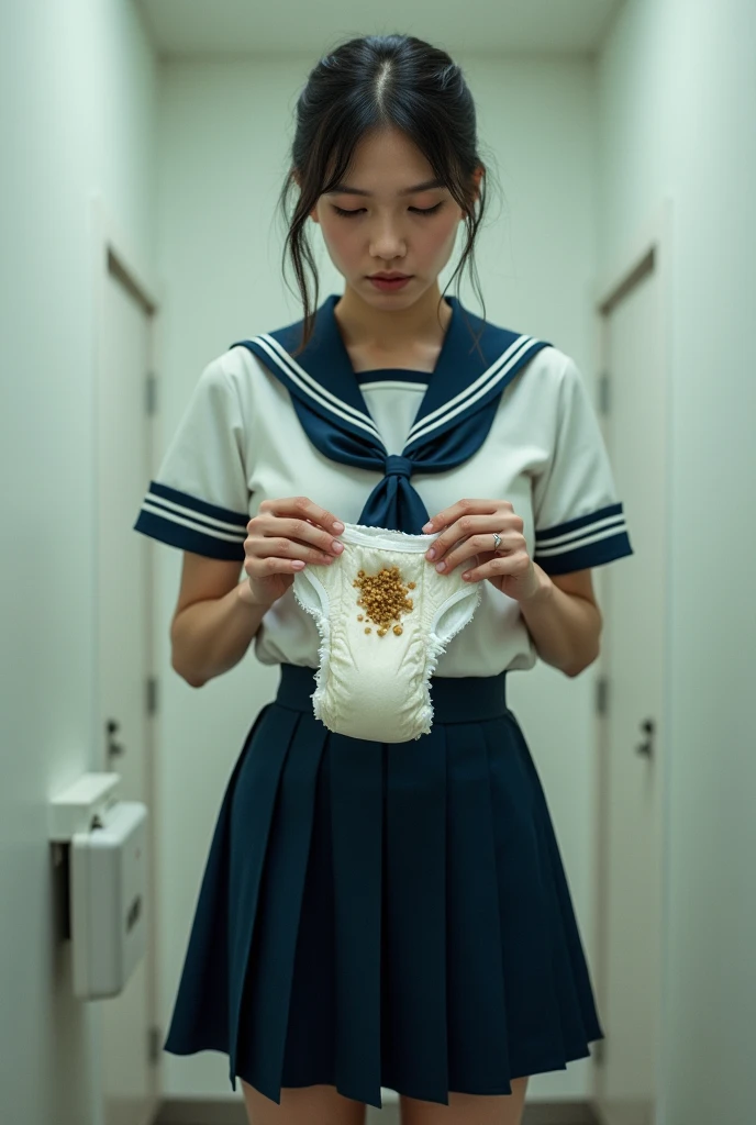 セーラー服とオムツを着た女性が、オムツの中の?便を見ている - SeaArt AI