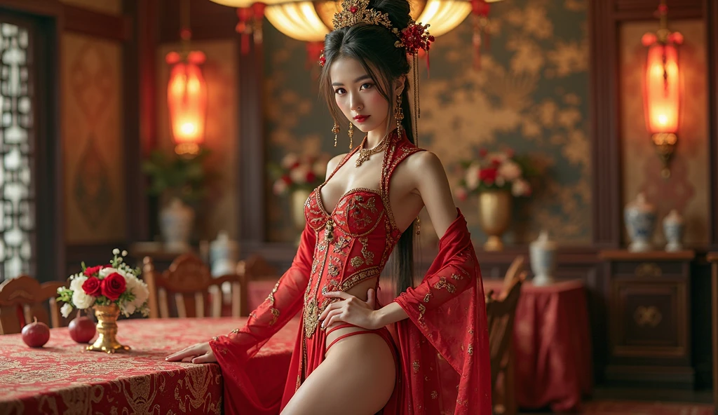 source_photo, realistic, nsfw, ruanyi0711, chinese clothes, red dress, A young Chinese bride on her wedding night, lying naked on a traditional ornate bed. Her red qipao is discarded nearby. She's in a seductive pose, legs slightly parted, inviting her unseen husband. Her long black hair is spread across the pillow, and her skin glistens with a light sheen of sweat. The room is dimly lit by flickering candles, casting sensual shadows. The bride's expression is a mix of desire, anticipation, and a hint of nervousness. Her hands are exploring her own body, demonstrating her readiness for the impending consummation of their marriage.