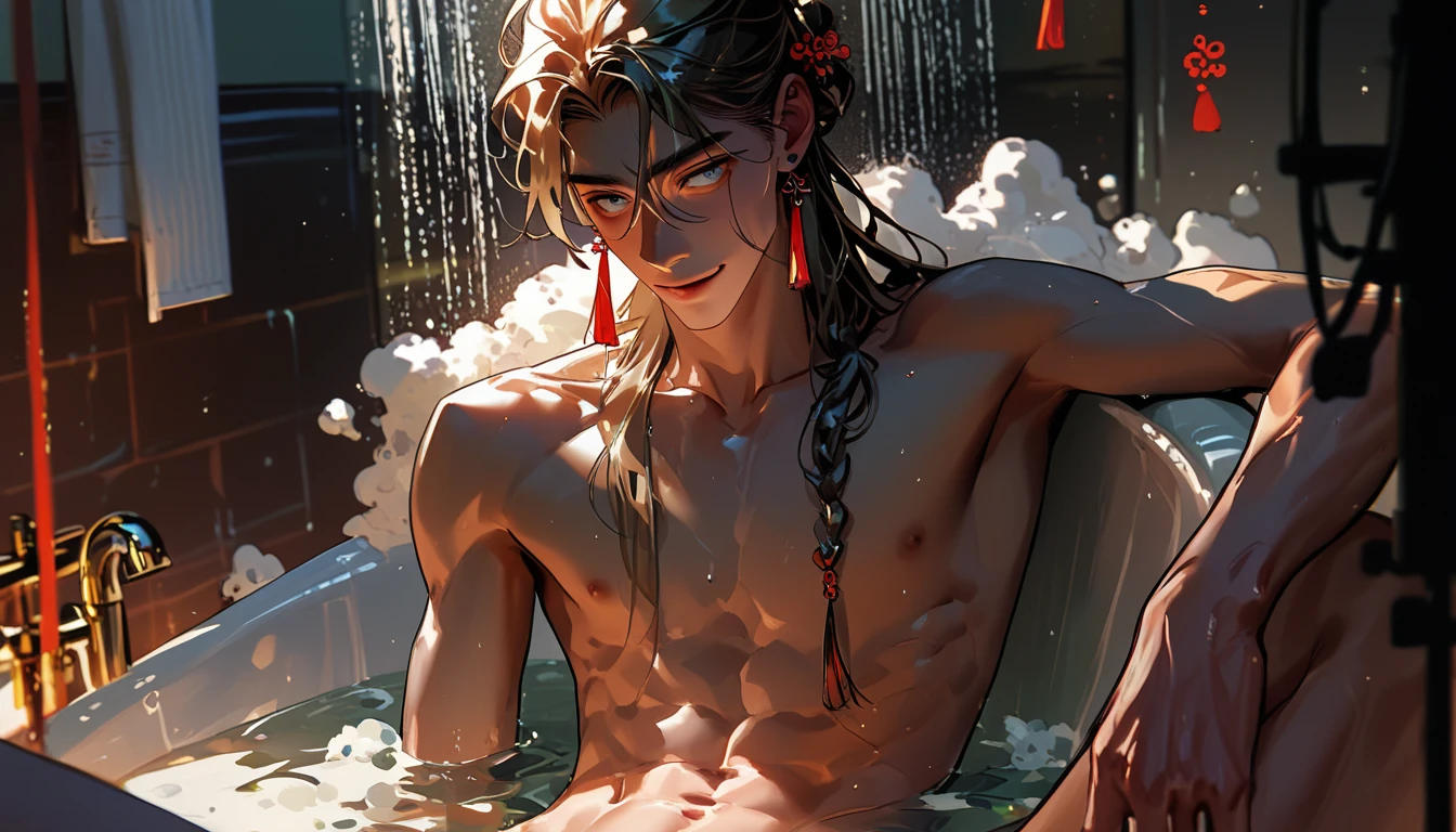 night,Japanese hot springs,muscle,独奏, a young man,beard,Blonde,Long Hair,Taking a bath in a hot spring,smile, liquor