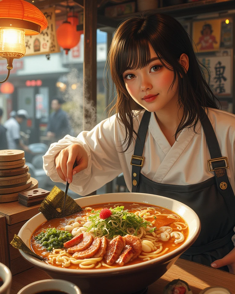 A young live streamer holding a bowl of delicious beef noodles in front of the camera ,in the style of the stars art group xing xing, 32k, best quality, masterpiece, super detail, high details