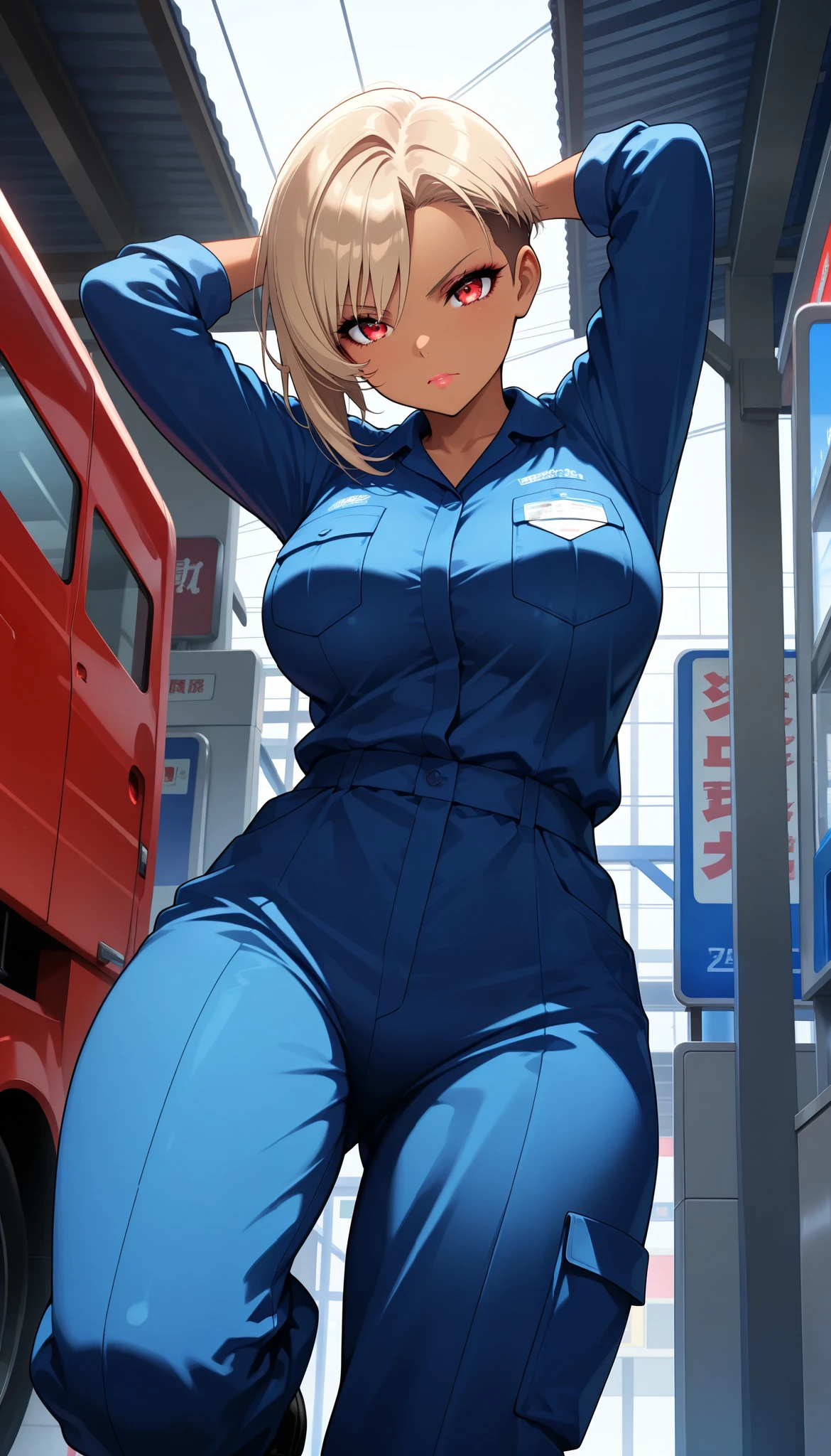 1 female, (Mirai Edosaki, brown skin, red eyes), serious face, light brown hair, short hair, undercut, asymmetrical hair, beautiful eyes, beautiful lips, very detailed目と顔, Long Lashes, beautiful thighs, work clothes, Mechanic Suit, (Stand up, Gas station background), (top quality:1.2, very detailed, CG illustration, soft focus on penetration, masterpiece:1.2, Aesthetics at its best),