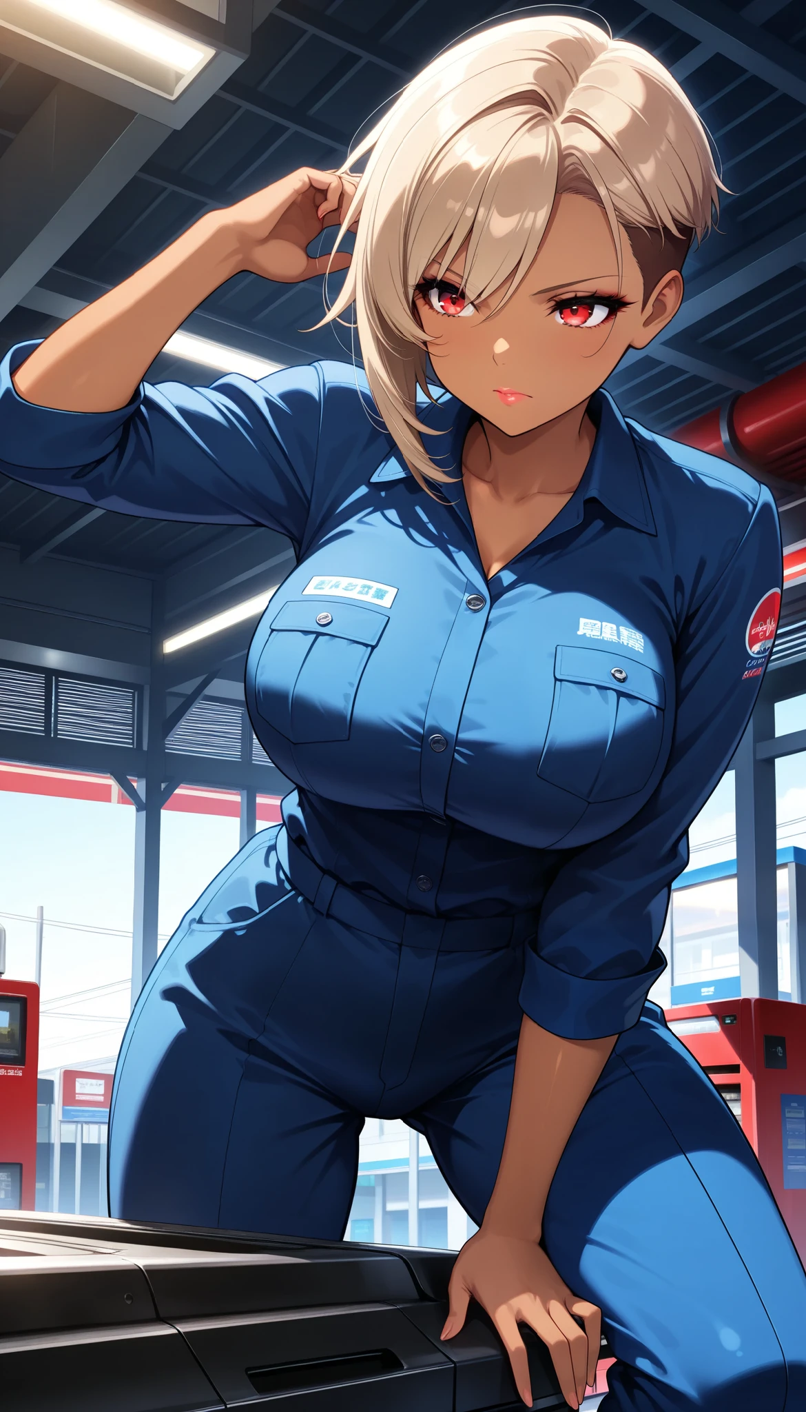 1 female, (Mirai Edosaki, brown skin, red eyes), serious face, light brown hair, short hair, undercut, asymmetrical hair, beautiful eyes, beautiful lips, very detailed目と顔, Long Lashes, beautiful thighs, work clothes, Mechanic Suit, (Stand up, Gas station background), (top quality:1.2, very detailed, CG illustration, soft focus on penetration, masterpiece:1.2, Aesthetics at its best),