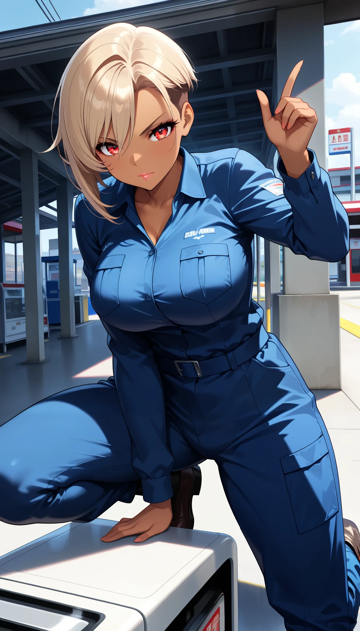 1 female, (Mirai Edosaki, brown skin, red eyes), serious face, light brown hair, short hair, undercut, asymmetrical hair, beautiful eyes, beautiful lips, very detailed目と顔, Long Lashes, beautiful thighs, work clothes, Mechanic Suit, (Stand up, Gas station background), (top quality:1.2, very detailed, CG illustration, soft focus on penetration, masterpiece:1.2, Aesthetics at its best),