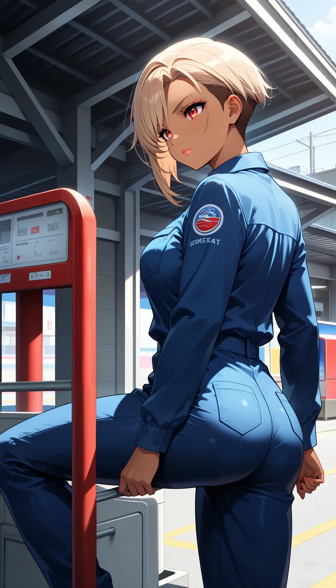 1 female, (Mirai Edosaki, brown skin, red eyes), serious face, light brown hair, short hair, undercut, asymmetrical hair, beautiful eyes, beautiful lips, very detailed目と顔, Long Lashes, beautiful thighs, work clothes, Mechanic Suit, (Stand up, Gas station background), (top quality:1.2, very detailed, CG illustration, soft focus on penetration, masterpiece:1.2, Aesthetics at its best),
