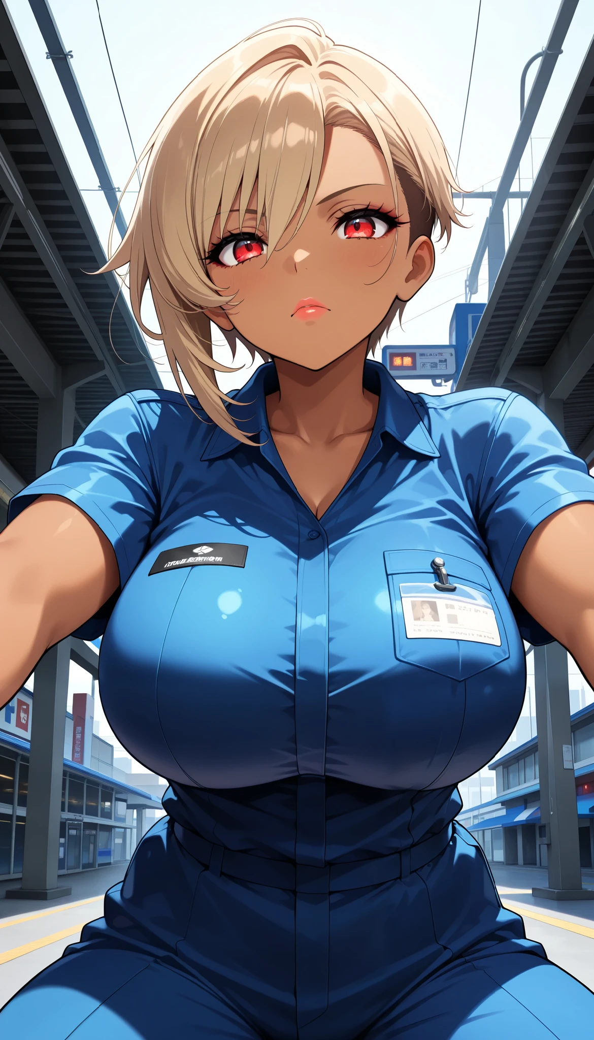 1 female, (Mirai Edosaki, brown skin, red eyes), serious face, light brown hair, short hair, undercut, asymmetrical hair, beautiful eyes, beautiful lips, very detailed目と顔, Long Lashes, beautiful thighs, work clothes, Mechanic Suit, (Stand up, Gas station background), (top quality:1.2, very detailed, CG illustration, soft focus on penetration, masterpiece:1.2, Aesthetics at its best),