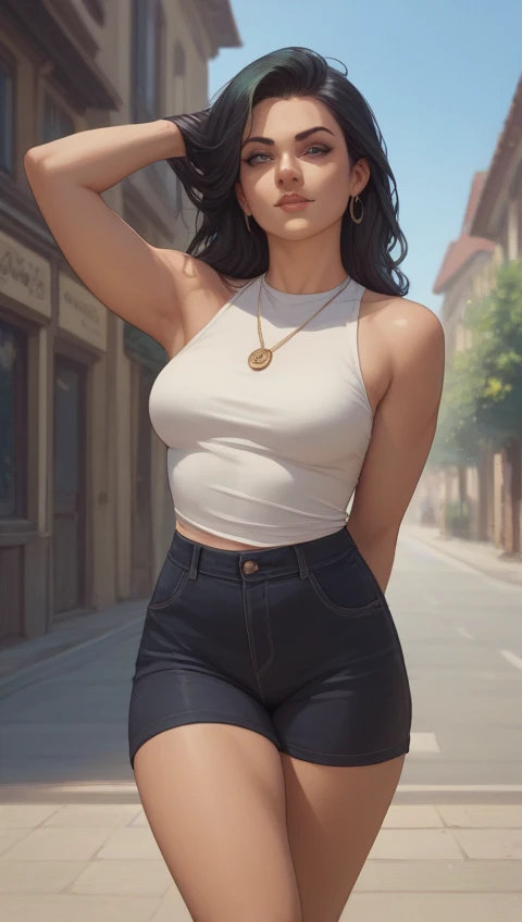 Chica de pelo negro corto viste un top blanco que resalta su escote, He is wearing tight jeans and is in a park