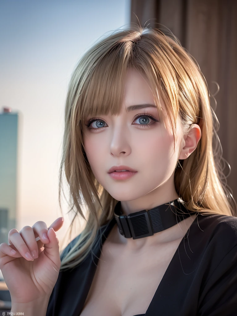 highest quality, Ultra-high resolution, (Realistic:1.4),Black Bondage、Japanese、Gal、Blonde、blue eyes、cute、Whip、Dark luxury room background