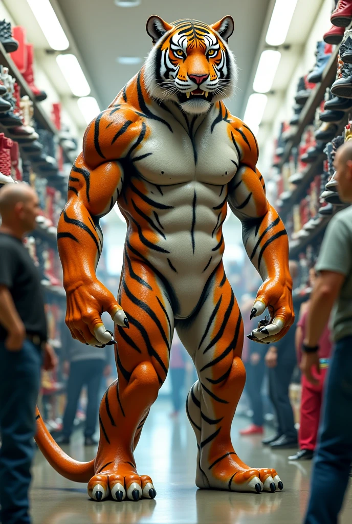 Male tiger、A composition that captures the whole body、paw pads on soles of feet、Laboratory Background、Background of the suspicious laboratory、Flab on underwear、Sideways body、White underwear、Lots of pubic hair、Very long armpit hair、Thick chest hair、Top-down composition、Sharp claws on the toes、Hairless head、Shaggy fur all over the body、Upward facing face、Very long and profuse armpit hair、tiger tail