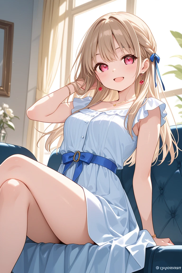 A girl with a cute Alice in Wonderland-like blonde wavy headband sits completely naked with her legs spread wide, showing her ass, anus, pussy, and small nipples.。I don't wear any underwear。A pose where you can be seen from below。are small。Pose that shows your anus。pussy and anus are spread。Spreading legs with both hands。taking off the apron dress。Putting a penis in the anus、SEX。NFSW