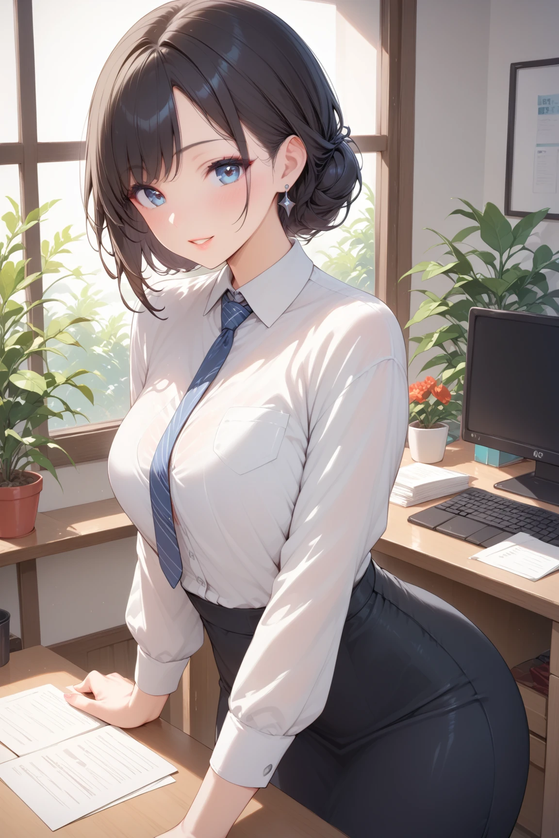 masterpiece, best quality, ultra detailed, dynamic angle, looking at viewer, watercolor and oil painting fusion, hot black artwork, white line art, beautiful woman, 1 woman, older woman, beauty, perfect anatomy, perfect eyes, perfect fingers, perfect hands, anime girl, secretary, sexy short dress, glasses, tight, ass, breast, thighs, black hair, siren black eyes, seductive smile, office background, soft, seductive, hot, spicy,