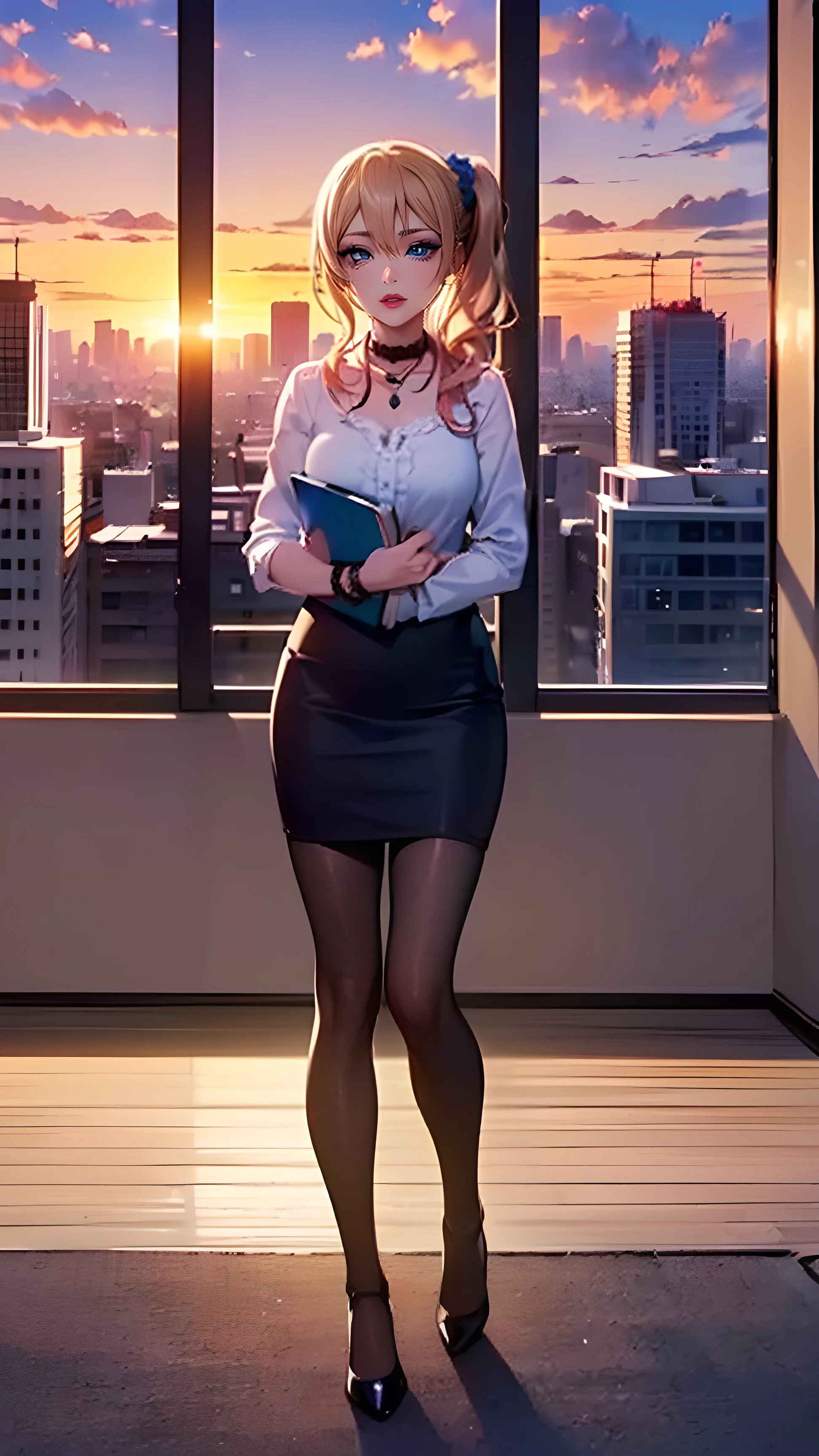 ((girl around her neck, Alone, alone,  ai hayasaka , bungs, blue eyes, blond hair, Hair Ornament, side lock, side ponytail, scrunchie , hair scrunch, blue scrunchy)), ((Alone, (1 Female,  pink lipstick), very detailed, ambient soft lighting, 4K,  Perfect Eyes, perfect face, Perfect Lighting, a girl around her neck)), ((girl around her neck, Alone, alone,  ai hayasaka , bungs, blue eyes, blond hair, Hair Ornament, side lock, side ponytail, scrunchie , hair scrunch, blue scrunchy)), ((Alone, (1 Female,  pink lipstick), very detailed, ambient soft lighting, 4K,  Perfect Eyes, perfect face, Perfect Lighting, a girl around her neck)), Strict, (( officelady, black suit, black tight skirt, white blouse, black stockings, high heels,  office, work, beautiful woman, stares at viewers, Look here, high definition, top quality, Full Body, animation, Awareness-raising,  office, Penthouse,  executive room, big window, Big city landscape, sunset, cloud)), document, books,  table, shelf,  pencil holder , computer