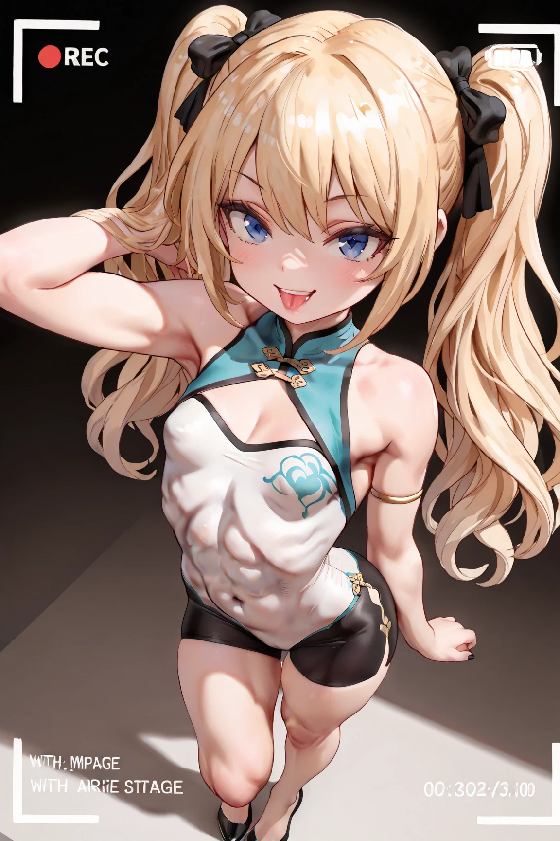 Blonde hair, short mash hair, turquoise eyes,A girl with impressive blonde hair、hair ornaments、short bob、hot pants、smile、dynamic pose, Bondage Suit, mocking smile