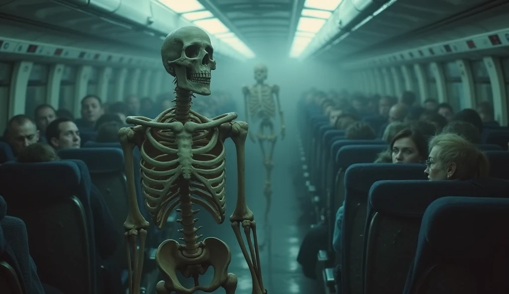 I want a photo where all the passengers in the airplane are skeletons in their seats
