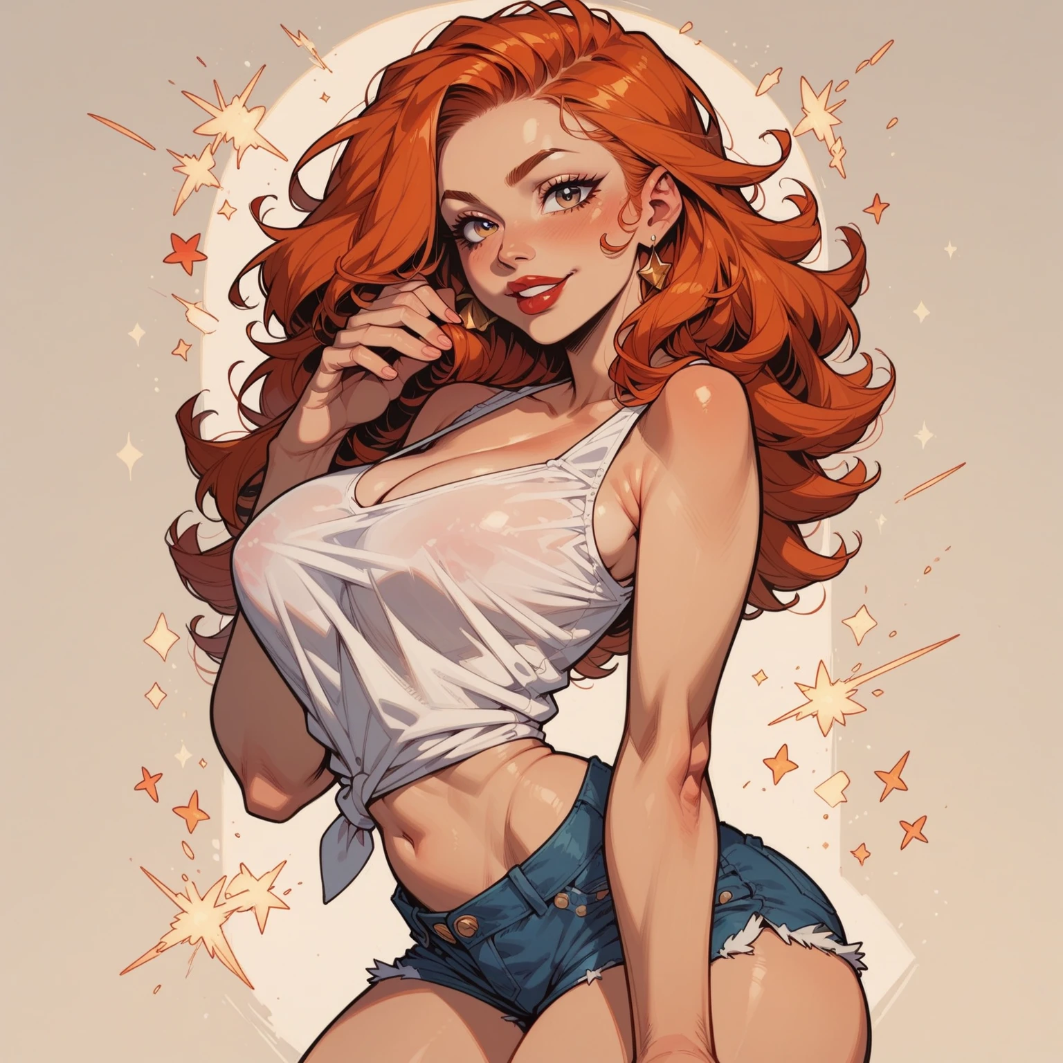 check_9, check_8_up, check_7_up, 1 girl, Simplified background, Asiatic, casual clothes , sunny, beautiful, flirty face, Red lips, sharp eyes, big breasts, big ass, Beautiful eyelashes, cute face, high detail, Hands, seductive face, Good Makeup, red flowing hair, orange beautiful hair, cute face, white top, short shorts