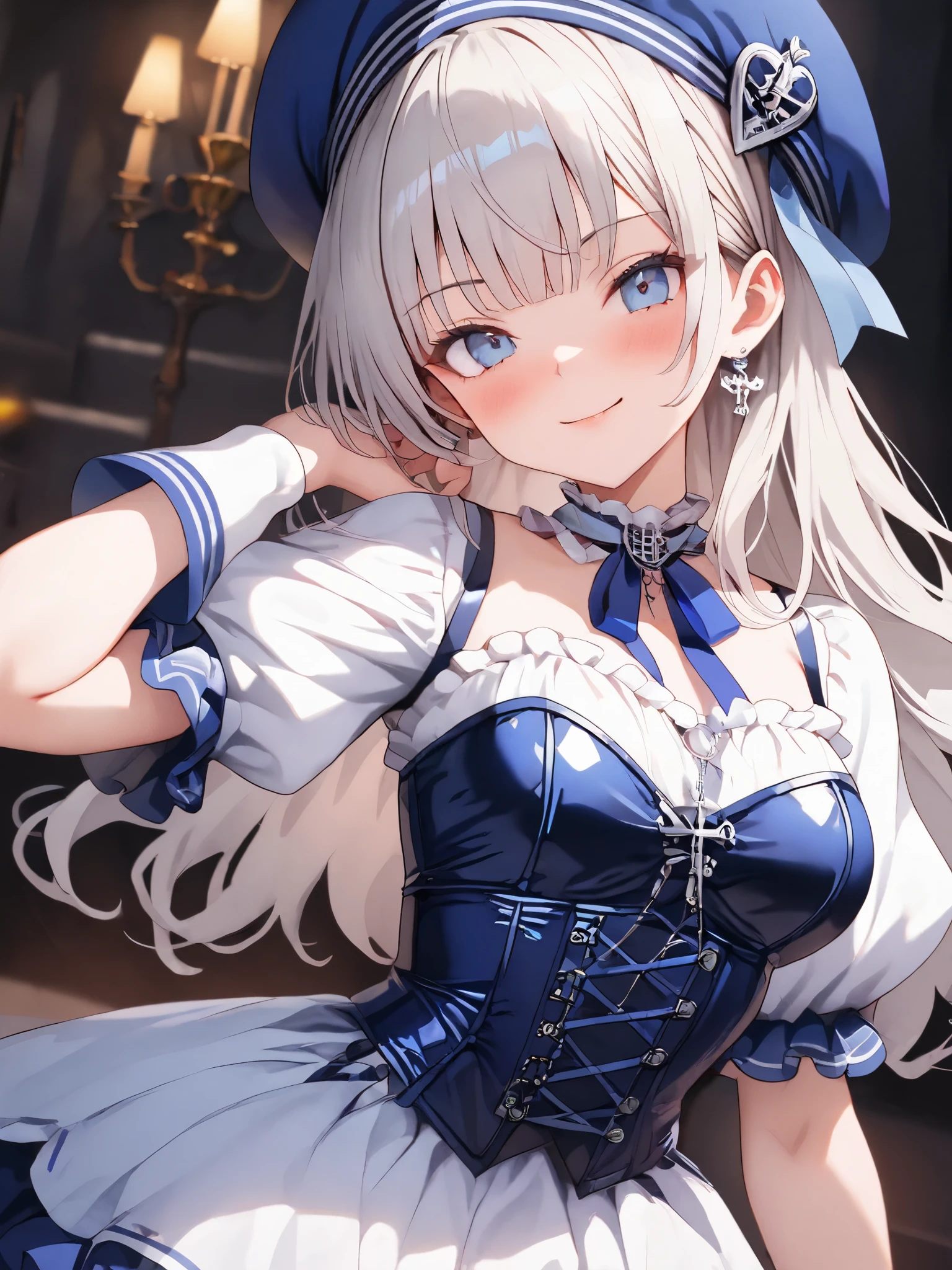 (insanely detailed 1girl beautiful anime:1.5), holding a glass of champagne, ((:d:1.2)),(best smile:1.3),((slender)),large breasts,(((insanely detailed blue alternate costume))),(((insanely detailed clothes))),(upper cleavage:1.5),(((puffy sleeves))),(((framed breasts))),((ash gray hair,very_long_hair,blue eyes)),(kawaii:1.5),((blue bow)),(detailed blue embroidery frills sexy maid clothes:1.4),(((frills skirt:1.6))),(blue corset:1.3),(detailed embroidery frills sexy white garter straps:1.3),(detailed embroidery frills sexy white thighhighs:1.4),(white_gloves:1.3),(highheel:1.2),(insanely detailed face:1.3),(insanely detailed eyes:1.3),(insanely detailed hair:1.3)