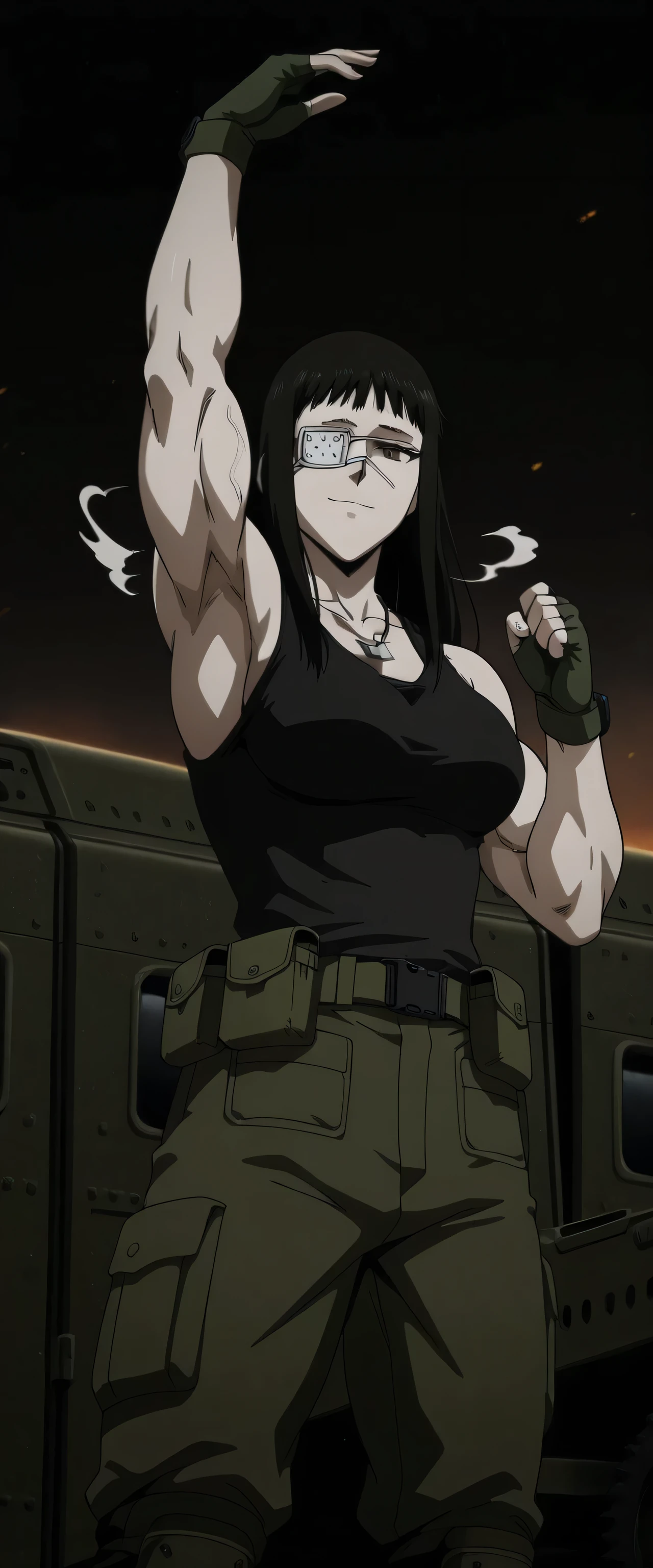 
1girl,solo,mm,mature female,black hair,eyepatch,brown eyes,medium breasts,anime coloring,long hair, muscular,  black  sport Elastic  fiber  tank top and dark green loose military combat  armor trousers with belt,cowboy shot,in military base, ,masterpiece,best quality,amazing quality,,muscles and,muscles lines,muscles big size,pelvis muscles,strength muscles looking,dynamic air,Valmet handsome face,eight-pack,iron muscles,Bulge between legs indicates non erect penis in pants, sporting attractiveness sexual attractiveness,standing  in victory pose,sexual muscles,light smile, eight-pack,sexy eight-pack, military vehicles around the base,reviewing from side Valmet,wearing military black  combat armor boots,, raise hand  up in air,Qblique muscles,serratus anterior muscles,iron pelvis muscles,iron Qblique muscles,iron serratus anterior muscles,sexy pelvis muscles,bluge between valmet legs indicates she have a penis inside her trousers,valmet have a penis,Valmet  wearing  green  military  jacket with long sleeves,full wear jacket,Valmet wearing combat green gloves fingerless,Valmet wearing military chains necklace,one hand wearing wristwatch,armpit appear 