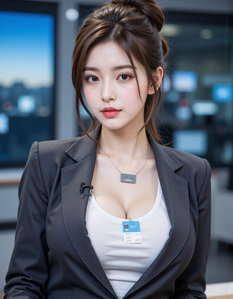 Gorgeus Girl, Beautiful, Baby Face, 20 Years Old, White Skin, Beside, Sexy Pose, business suits, Blue Eye, Muscles, Bokeh, Modern office Background, Masterpiece, Fullbody Shot, woman trousers, blazers