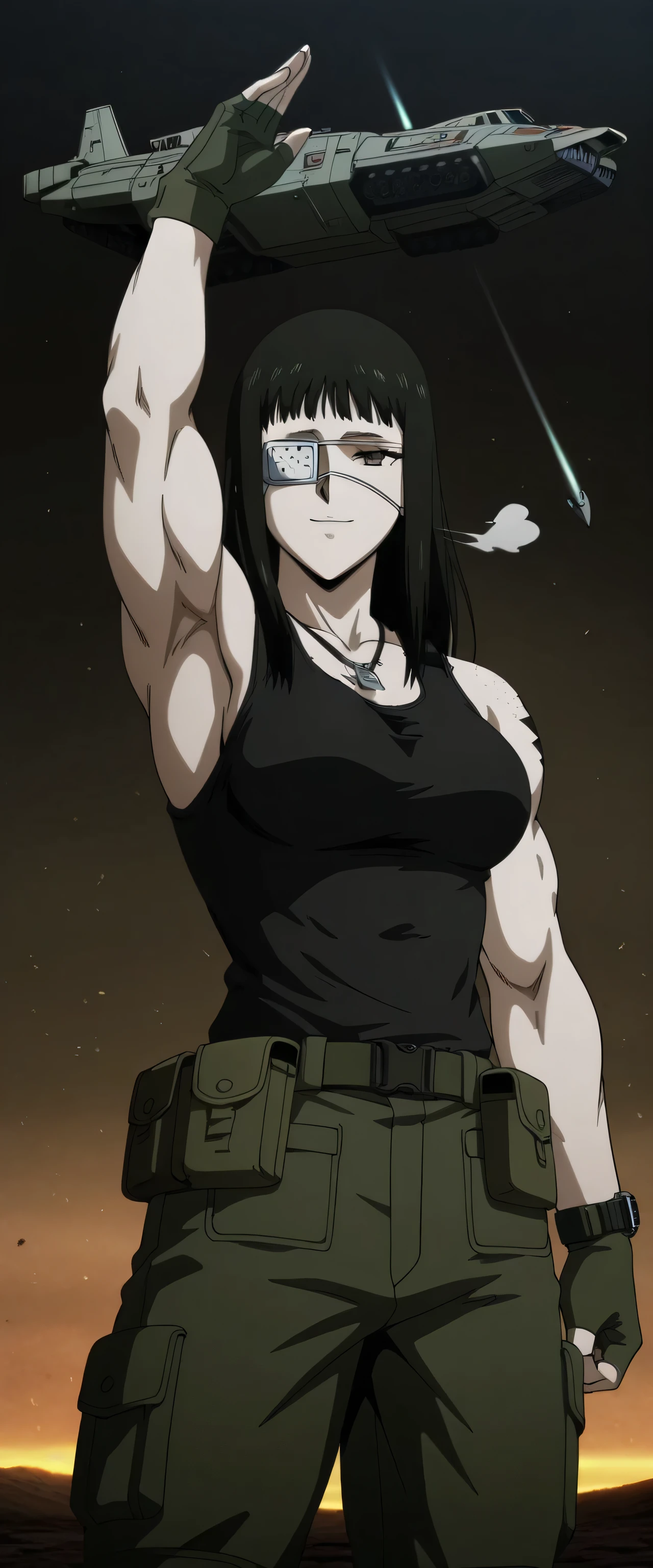 1girl,solo,mm,mature female,black hair,eyepatch,brown eyes,medium breasts,anime coloring,long hair, muscular, black sport Elastic fiber tank top and dark green loose military combat armor trousers with belt,cowboy shot,in military base, ,masterpiece,best quality,amazing quality,,muscles and,muscles lines,muscles big size,pelvis muscles,strength muscles looking,dynamic air,Valmet handsome face,eight-pack,iron muscles,Bulge between legs indicates non erect penis in pants, sporting attractiveness sexual attractiveness,standing in victory pose,sexual muscles,light smile, eight-pack,sexy eight-pack, military vehicles around the base,reviewing from side Valmet,wearing military black combat armor boots,, raise hand up in air,Qblique muscles,serratus anterior muscles,iron pelvis muscles,iron Qblique muscles,iron serratus anterior muscles,sexy pelvis muscles,bluge between valmet legs indicates she have a penis inside her trousers,valmet have a penis,Valmet wearing green military jacket with long sleeves,full wear jacket,Valmet wearing combat green gloves fingerless,Valmet wearing military chains necklace,one hand wearing wristwatch,armpit appear