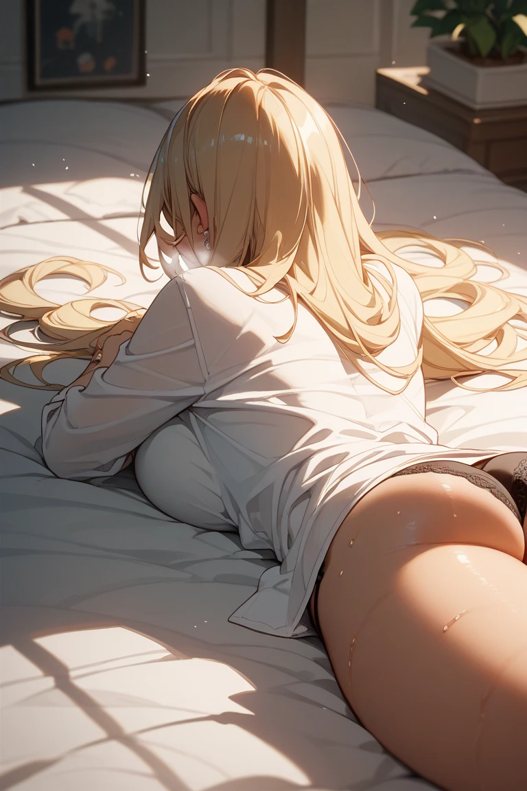 1 lady, 20 years old, blonde hair, long hair, wavy hair, light brown eyes, huge breasts, embarrassed, blush, 
BREAK (masterpiece), (high resolution 8K), cinematic lighting, professional lighting, detailed eyes and face, detailed body, 
BREAK  thong, (stick out butt), back view, seductively posing on all fours on a bed, 