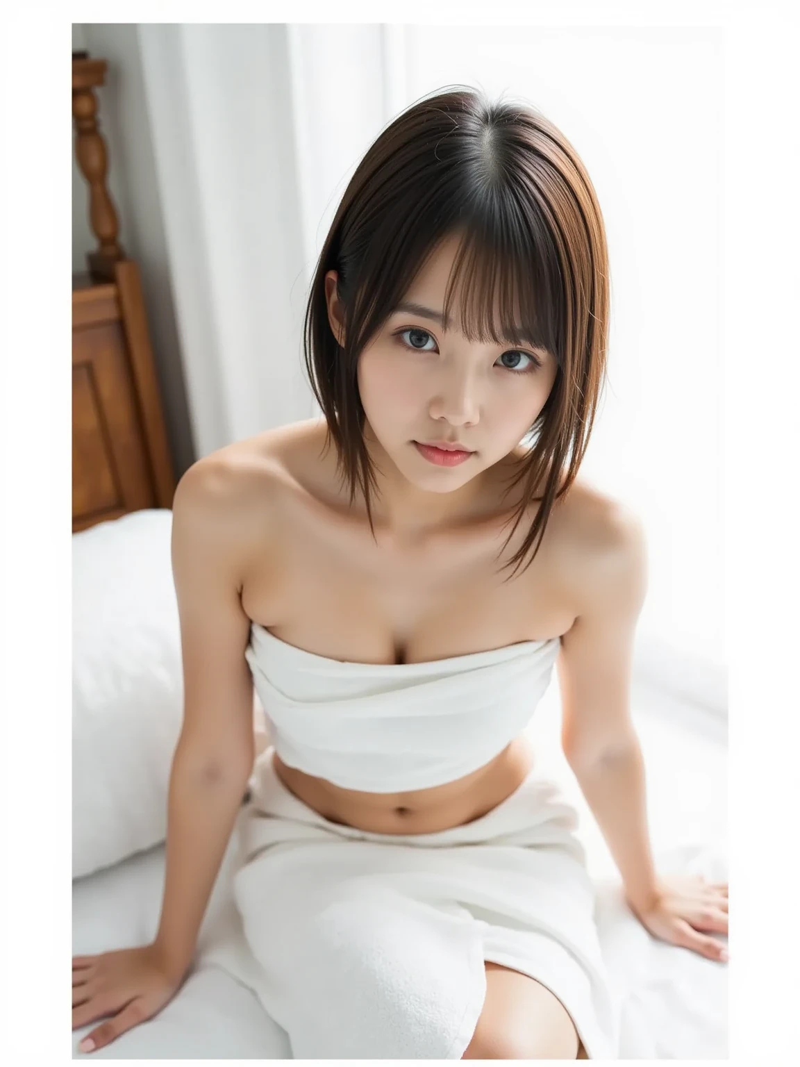 highest quality, Soft Light, Ultra-high resolution, (Realistic:1.9), photograph, Japanese girl, alone, cute, (A shy smile:0.5), (Brown eyes, Light in your eyes), Beautiful face in every detail, (Small box),(High resolution detail of human skin texture), , bed, mini skirt,a notepad,Big Breasts,On all fours,Make the face more realistic