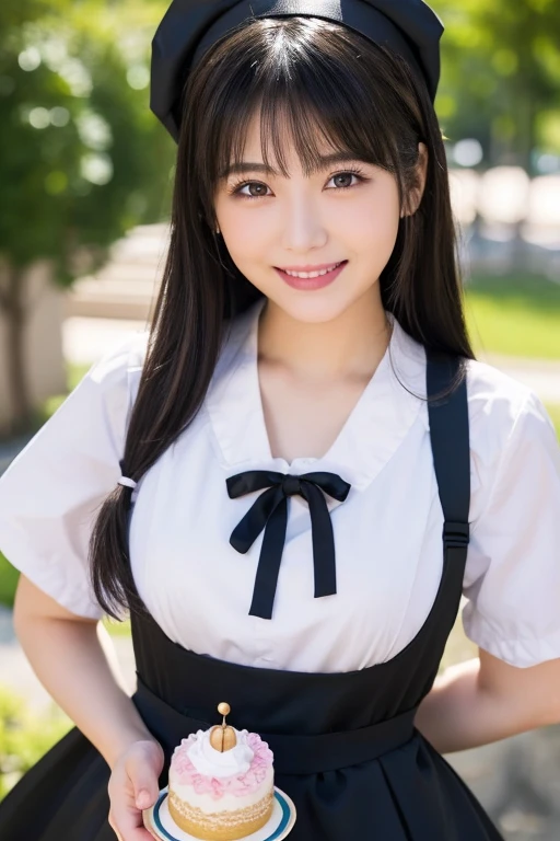 (highest quality, 8k, 32k, masterpiece, Ultra-high resolution:1.2), Cute Japanese Girl, (Huge breasts), Long black hair, bangs, (smile), (police uniform), Narrow waist, (Beachside), police,