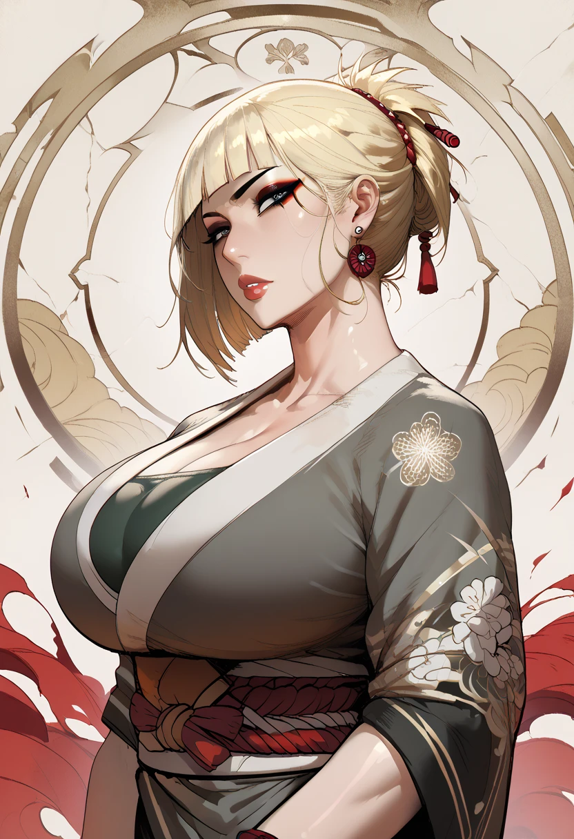 Masterpiece, Solo beautiful european woman with platinum blonde hair and detailed sky blue eyes, long braided ponytail with hairpin, thick red lips, seductive smile, bare shoulders, large breastvage, cur hips, thick thighs, bare legs, shiny oily skin, eye shadow age 30, MILF, adult, ng open le kimono with detailed gold patterns, ((Oiran)), necklace, bracelets, hoop earrings, japanese clothing, obi, kiseru, crystal ball, silk pillows, seductive, hair over shoulder, covering breast from above, lying on si, bedroom, gothic makeup