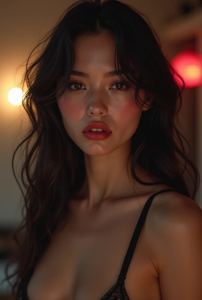 highest quality, epic realistic, ((in the pitch black darkness :1.4)), ((portrait:1.5)),(background: dark ) high contrast ,glorious picture, lowest lux, lighting face, she's comfortable, wearing lingerie, looks incredible, (8k, Raw photo, Highest quality),(epic realistic:1.5), a woman, face,(detailed eyes:0.8),(looking at the camera:1.4), (Highest quality), ( high contrast, deep shadows),Intricate details,cinematic,((skin:1.4)), (long dark hair:1.3), long hair, messy ,(Hdr:1.5),Detailed, colors, Superior quality, Masterpiece, Raw Photo (20-year-old, looking at viewer), beautiful, (wearing underwear,), perfect, natural, perfect composition, portrait, perfect face, smiling expression, Captivating eyes, Bright details, Tight lips, (High Skin Detail),, (blue tint: 0.6), (sale: 0.8), (bloody: 0.7), Key lighting , (backlight: 0.5), Medium depth of field, Canon 5d, 50mm lens, f/4 apertures, (Ultra-detailed, Complex detail), sharp focus, soft colors, 8k, Absurd, 80mm, dark background, photography, smiling, medium , Zar4