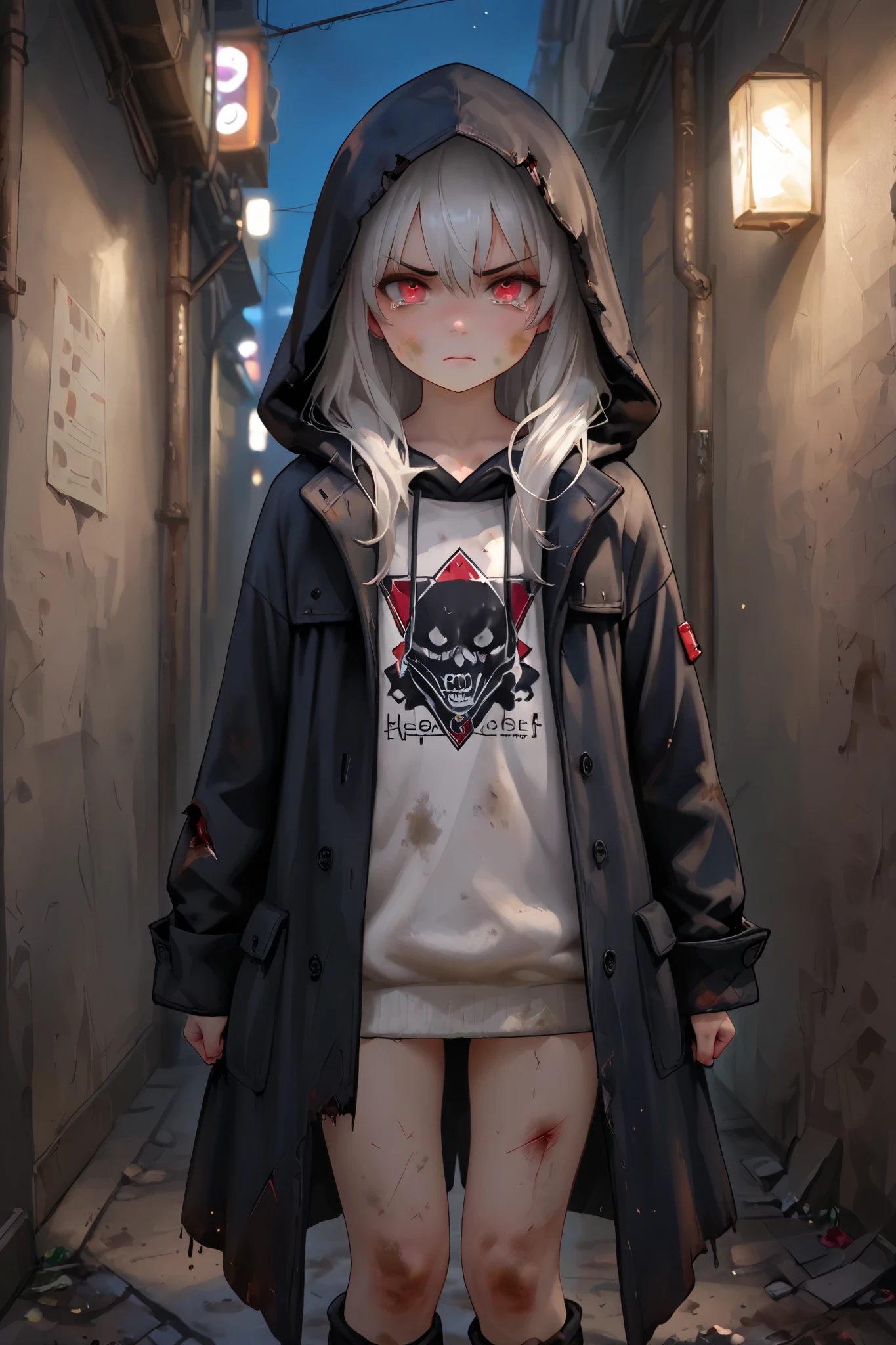 masterpiece, best quality, detailed eyes, semi realistic, 8k, girl, cute, small, sister, pure, young face, oversized black hood coat, black jean, white sweater, short long white gray hair, red eye, midnight city, solo character. looking at viewer, wearing hoodle, night time, narrow alley background, kneel, wound, angry, defeated, disappointed, tearing, dirty, exhausted