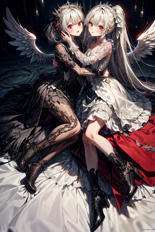 offcial art，统一 8k 壁纸，ultra detali，Beauty and aesthetics，2 girls，twintals，A holy angel dressed in white，A demon dressed in black，All with wings，Spread your wings，tmasterpiece，best quailty，（zentangle，a Mandala，Tangles，entangled），（s fractal art：1.3），2girls，abundantly detailed，dynamic angle，cowboy  shot，The most beautiful form of chaos，elegant，Fauvist design，Vivid colors of，romanticism lain，James Jean，Robbie Devi Antono，ross tran，Francis Bacon，Michal Mraz，adrian ghenie，petra cortright，Gerhard Richter，Takato Yamamoto，Ashley Wood，Atmospheric，A note of ecstasy，streaming musical notes visible