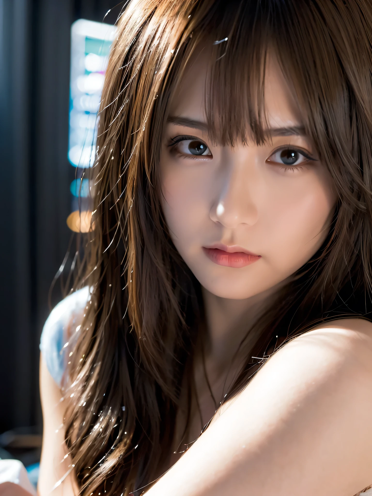 (8k, RAW photo, top quality, masterpiece:1.3),(realistic,photo-realistic:1.37),(watching viewers:1.331), Cyberpunk City,Soft light,1 girl, very beautiful face, Bust,Put your hands down ,random hairstyles,random expression,big eyes,