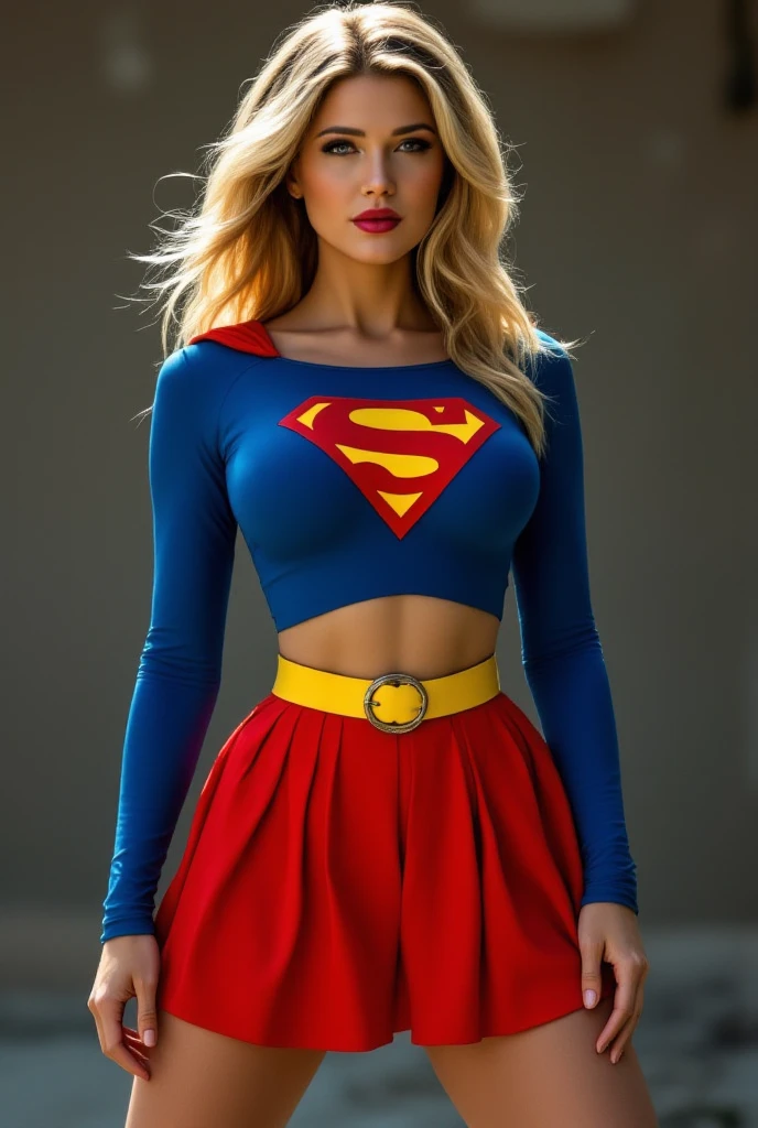 full view of A SEXY TEENAGE FEMALE WITH PALE BLUE EYES AND LONG MESSY GOLDEN BLONDE HAIR WEARING A CLASSIC BLUE SUPERMAN LONG SLEEVED CROP TOP COSTUME, A SHORT RED PLEATED SKIRT WITH A YELLOW BELT, RED HIGH HEELED BOOTS, AND RED SUPERMAN CAPE WITH YELLOW TRIM. large breasts, incredibly detailed skin and eyes, seductive poses, 8K resolution, masterpiece, ultra-detailed, realistic, photo-realistic, vivid colors, dramatic lighting,