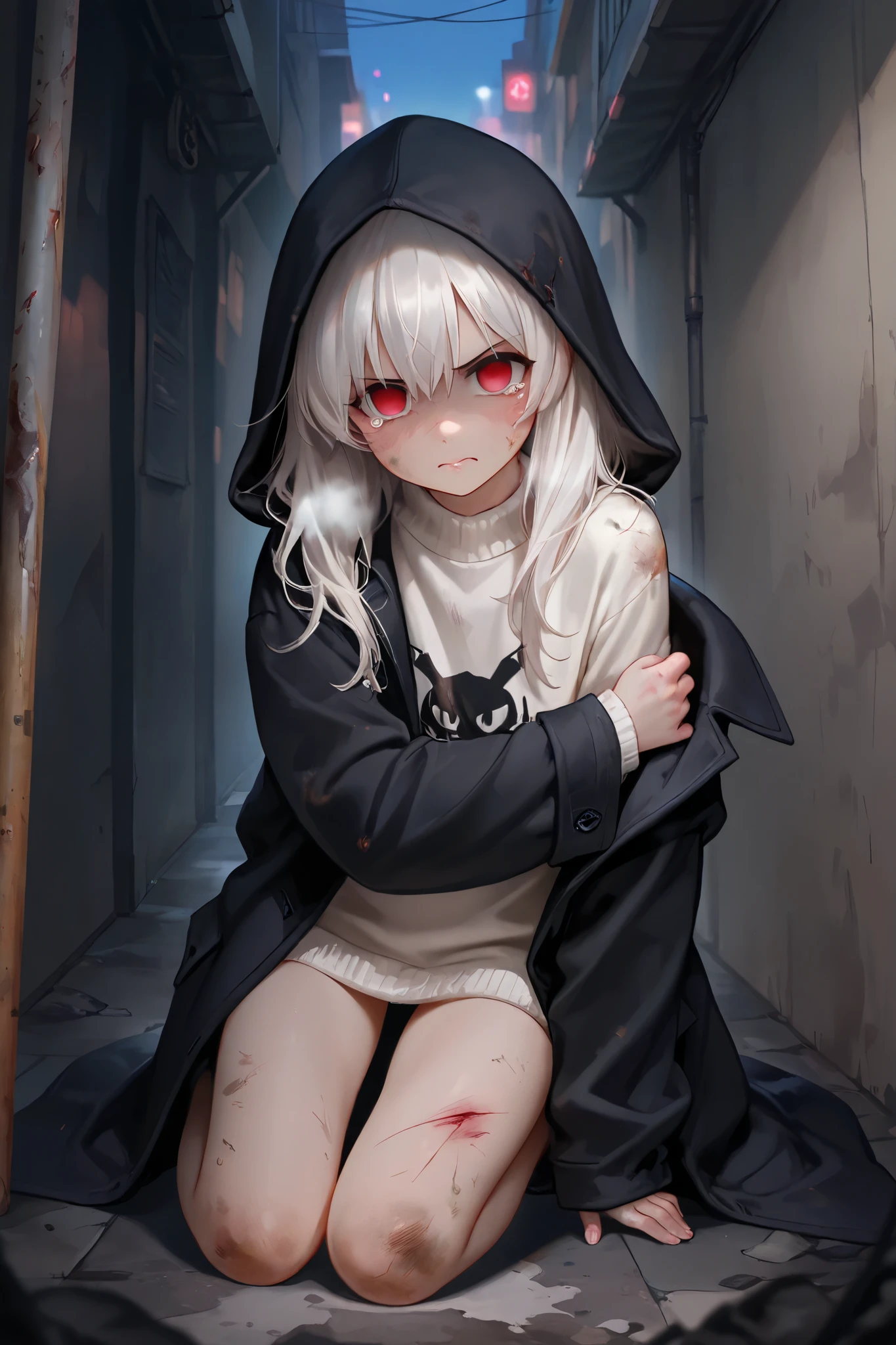 masterpiece, best quality, detailed eyes, semi realistic, 8k, girl, cute, small, sister, pure, young face, oversized black hood coat, black jean, white sweater, short long white gray hair, red eye, midnight city, solo character. looking at viewer, wearing hoodle, night time, holding short battle pole, narrow alley background, kneeling one leg, wound, angry, disappointed, tearing, dirty, empty eye, rough breathe