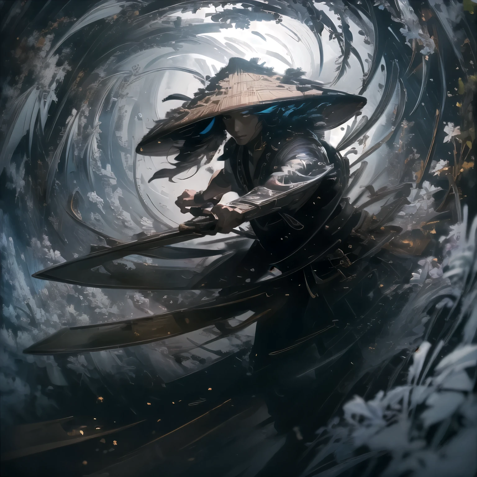 Painting,  Chinese Warrior with a Sword , Swirling Cyclone , Bamboo Hut, super wide angle lens,  Colorful Arrangements , Heavy visual aesthetic style, Made of flowers,  Claire Obscure Lighting ,  Dark Orange and Teal , I can't believe this beauty,  photo montage ,  photo montage , Hiroki Araki ,  oriental, Sergio Top, theatrical , Feminine sensibility

