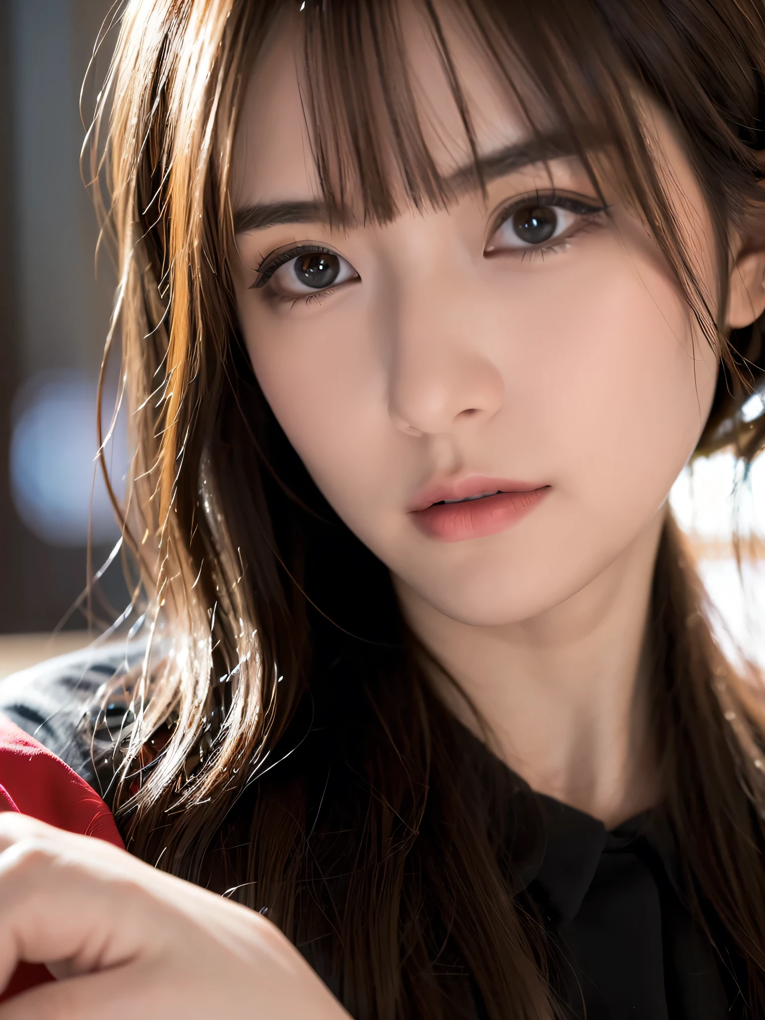 (8k, RAW photo, top quality, masterpiece:1.3),(realistic,photo-realistic:1.37),(watching viewers:1.331), Cyberpunk City,Soft light,1 girl, very beautiful face, Bust,Put your hands down ,random hairstyles,random expression,big eyes,