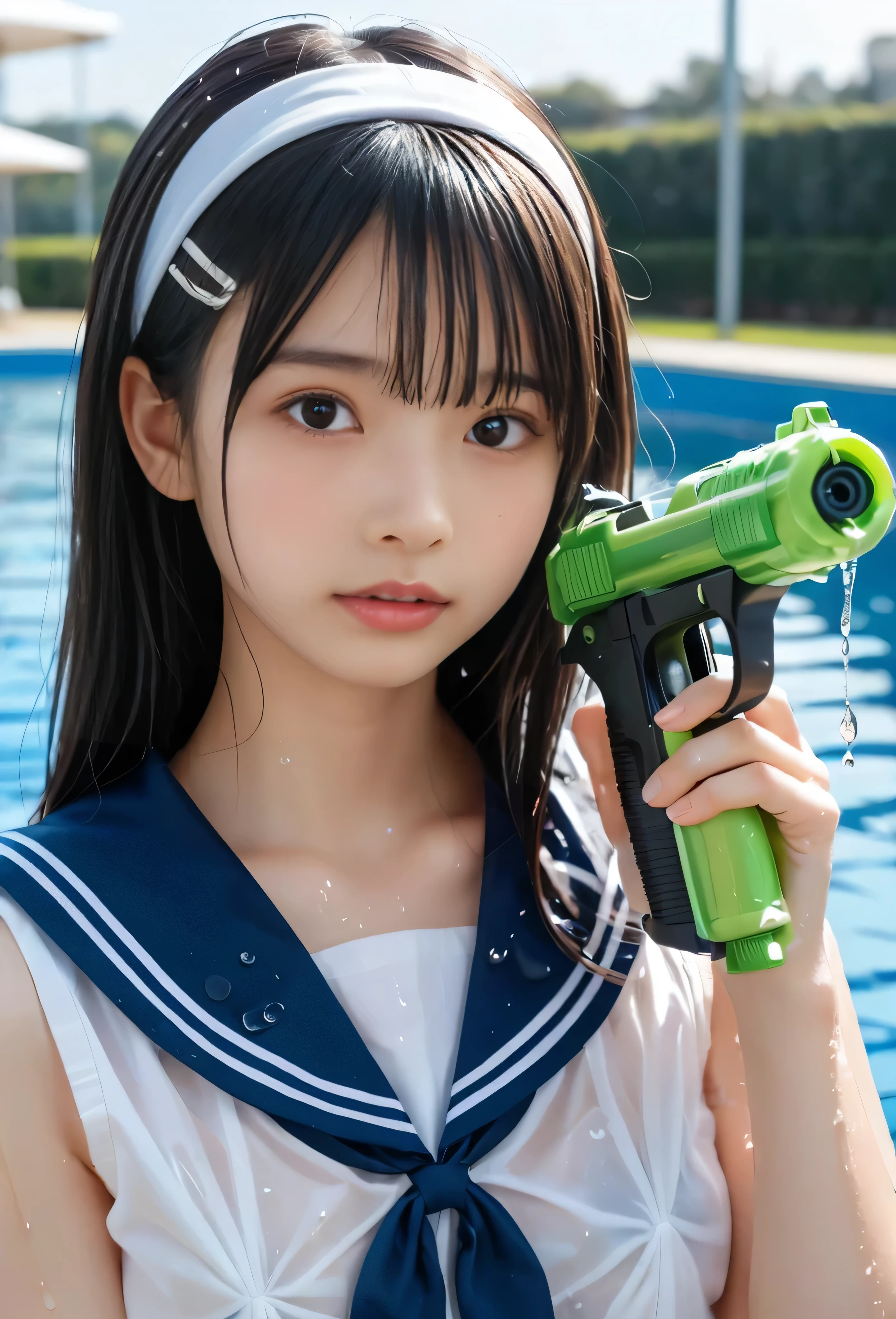 (masterpiece, 最high quality, Ultra A Hi-Res), ( from side, full body photo), (((Very beautiful girl))), Very Cute Girls, wet solo Japanese girl 、Natural Makeup, masterpiece 、 top quality 、 super accurate、 realistic、 high school student model 、(ater Spray Gun:1.4), Heavy water splash、 RAW photo 、4K Ultra HD、1080P、 oily skin、 brown eyes、 black hair、 wet straight hair 、 beautiful well-groomed hair 、 no expression、 selfie、 side view、 break、((( Focus on Beautiful Lips )))、 break ((( wet sailor collar , sailor cuffs、 no pants)))、((( wet sailor collar , white headband 、 hair clip for hair)))、((Midsummer blue sky 、 outdoor pool、 blur the background))、((( Moist medium pointed chest、sex)))、((( anatomically accurate))), (Areola),