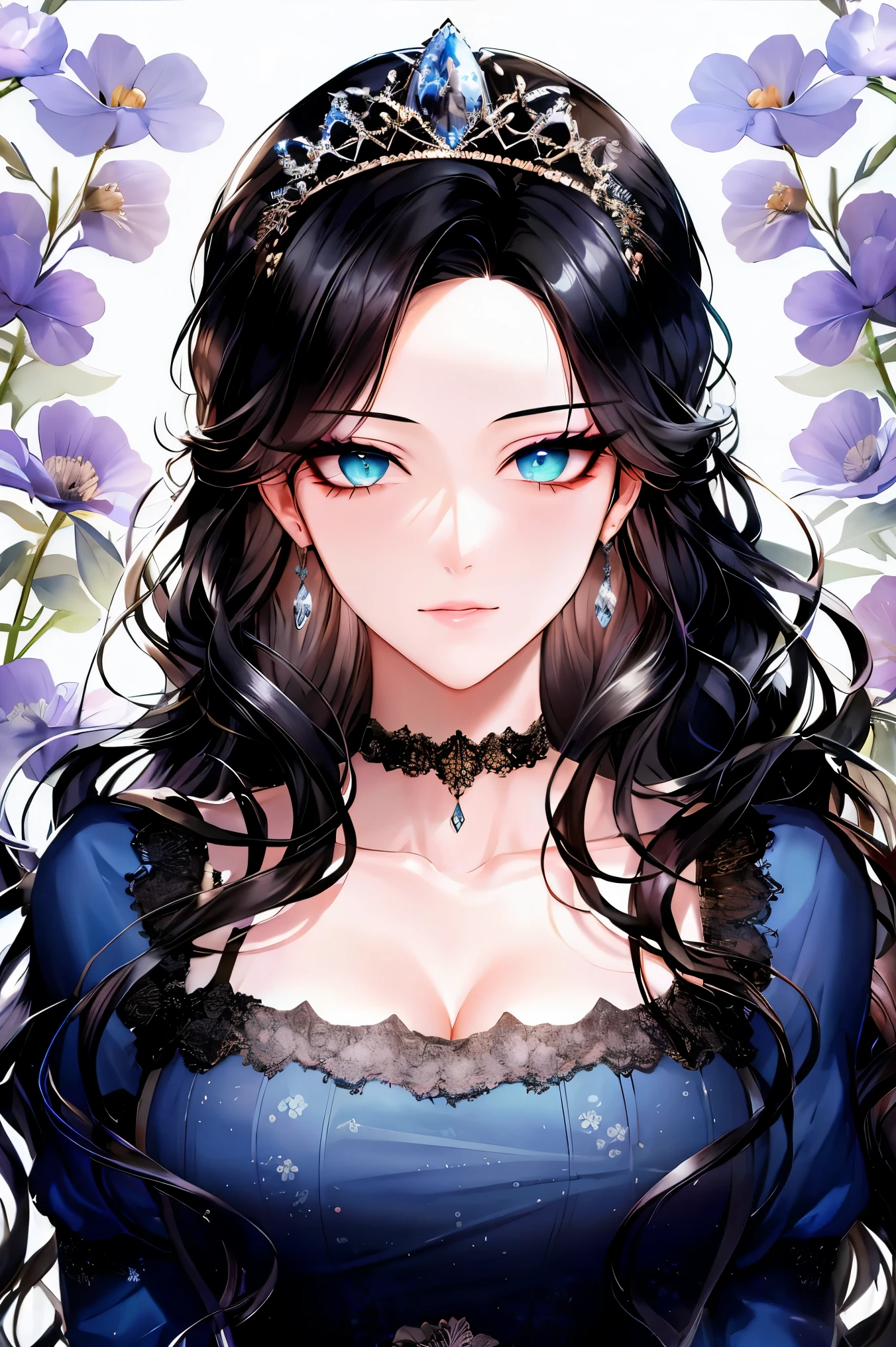 shoujo-style, floral background, romance manhwa, 1girl, black hair, solo, long hair, flower, dress, tiara, blue dress, gloves, long sleeves, choker, blue eyes, mascara, makeup, white gloves, black bow, black flower, wavy hair, bow, jewelry, looking at viewer, white background, collarbone, puffy sleeves, silver accessories, upper body, parted bangs, very long hair, blue dress, frills, bangs, closed mouth, detailed eyes, (close up), gleaming skin, shiny glossy skin
