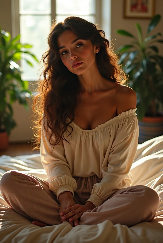 (photorealism:1.2), beautiful woman, sitting on bed, wearing loose off-shoulder top, pajama pants, long curly hair, indoors, soft lighting, plants in background, window with sunlight, cozy room, relaxed pose, realistic, intricate details, warm colors, by Greg Rutkowski, by Alphonse Mucha