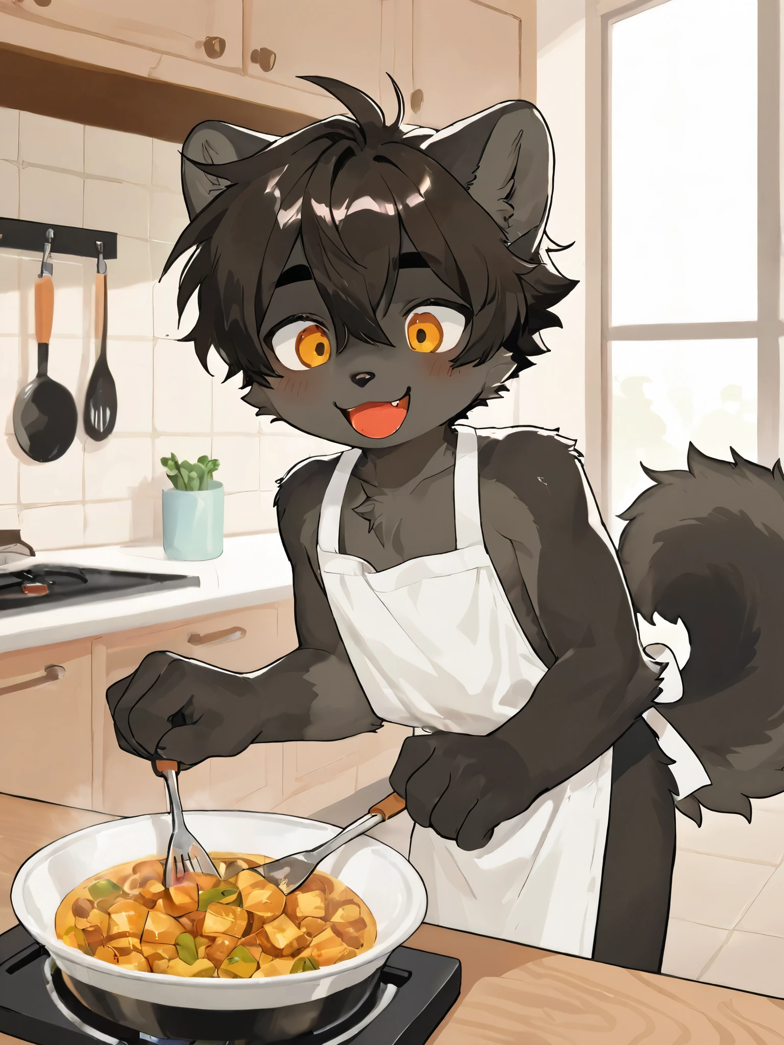 (masterpiece), best quality, Perfect face, 2 topless hairy shota dog boys, Blushed, Nude Apron, Food and drinks provided, Coffee Shop, innocent boy, Ribbon, Dining room, Drag Apron,