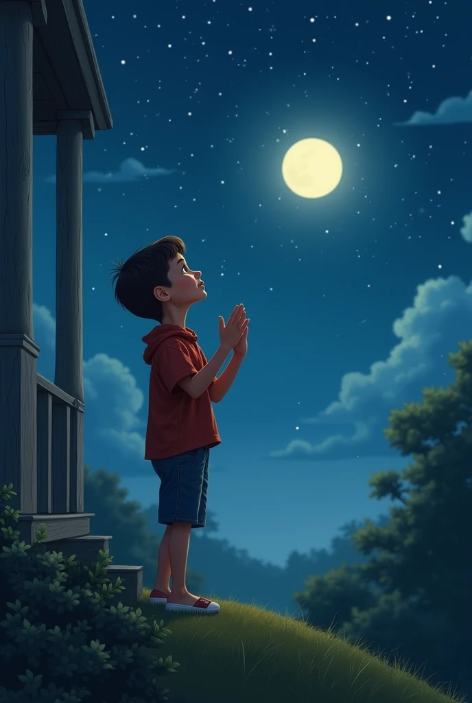 A boy is walking on the moon, India's hand is in his heart and the sky is black and dark and it is shining,