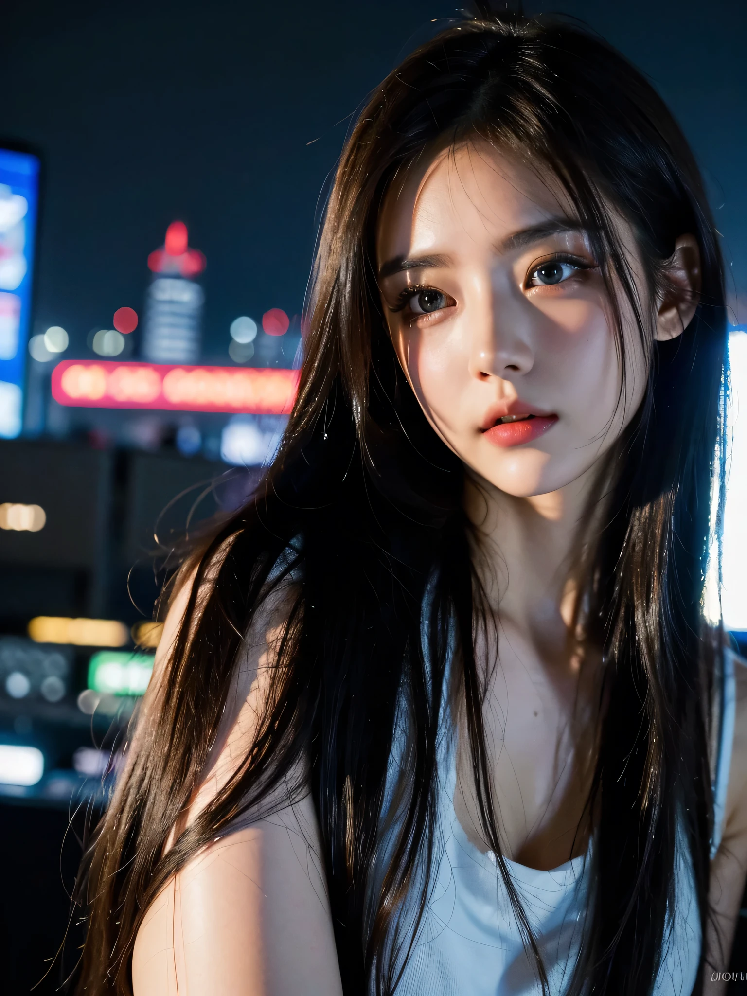 (8k, RAW photo, top quality, masterpiece:1.3),(realistic,photo-realistic:1.37),(watching viewers:1.331), Cyberpunk City,Soft light,1 girl, very beautiful face, Bust,Put your hands down ,random hairstyles,random expression,big eyes,