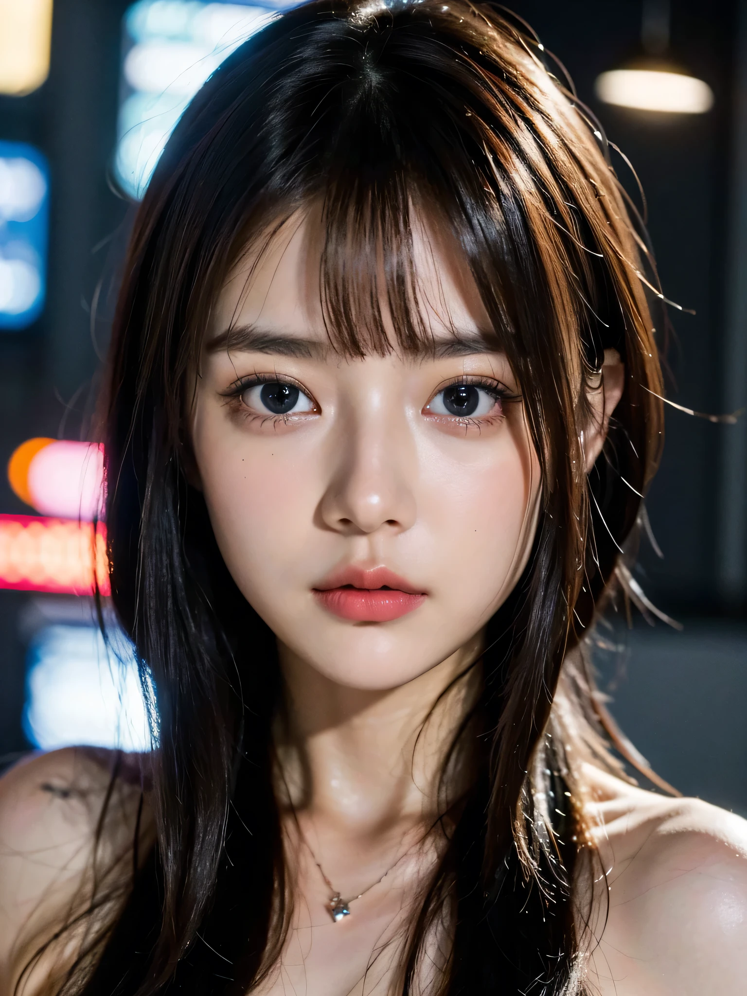 (8k, RAW photo, top quality, masterpiece:1.3),(realistic,photo-realistic:1.37),(watching viewers:1.331), Cyberpunk City,Soft light,1 girl, very beautiful face, Bust,Put your hands down ,random hairstyles,random expression,big eyes,