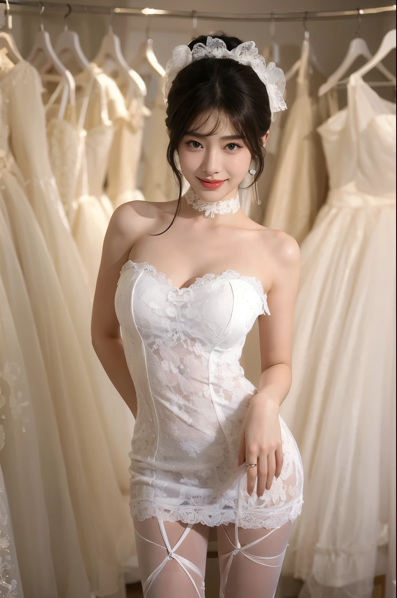 Fashion model, 25 years old, [chest], [head], [shoulder], Perfect Eyes, 完璧な青くShine虹彩, Perfect Lips, Perfect Teeth, Perfect Skin, Soft Front Light, Shine, High resolution, (Soft colors: 1.2), Highest quality, masterpiece, Beautiful Eyes,  Beautiful Face, Realistic, One beautiful woman, Sharp focus, chestの谷間, Slender body, Long, slender legs、Updo、pure white lace wedding dress, (((Leg spread)))