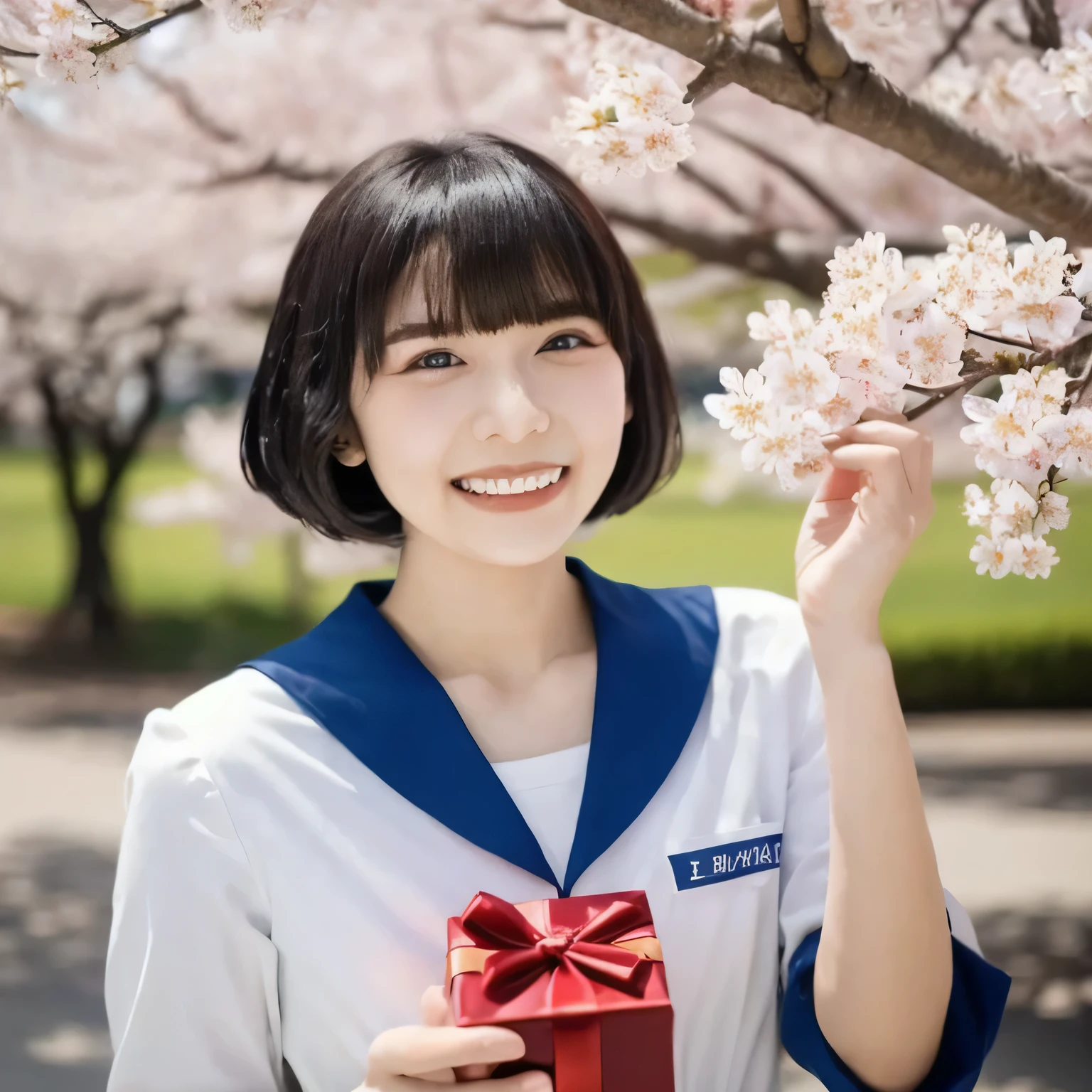 A breathtakingly beautiful 20-year-old woman stands in a lush park filled with cherry blossoms in full bloom beneath a clear blue sky. She wears a classic sailor uniform and gently holds a small, neatly wrapped gift box adorned with a red ribbon. Her radiant smile and joyful expression convey heartfelt happiness. bob haircut, black hair, dark eyes.