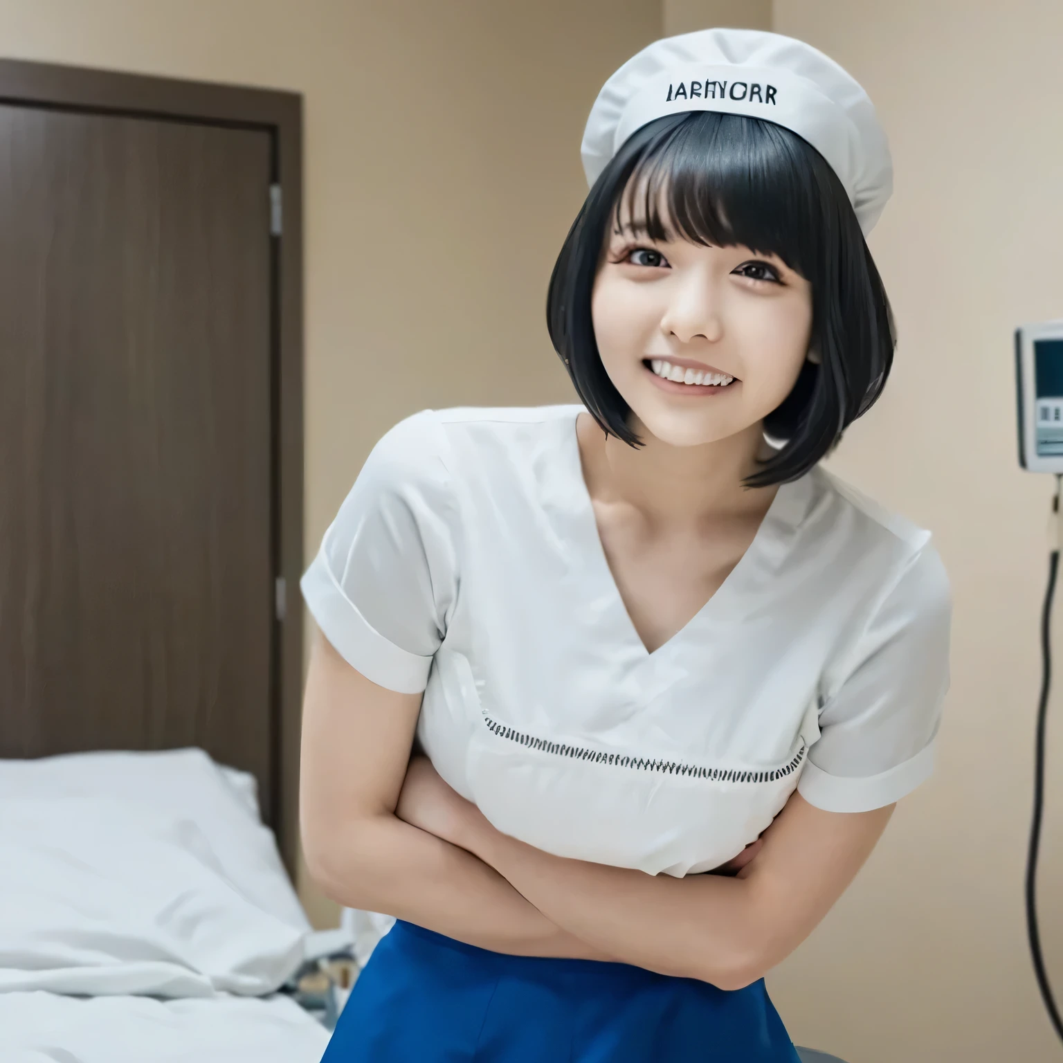 A breathtakingly beautiful 20-year-old woman stands in a warmly lit hospital room, dressed in a white mini-skirt nurse uniform with a matching cap. Her shy smile adds a touch of charm, while the surrounding medical equipment and furnishings create an authentic yet welcoming atmosphere. bob haircut, black hair, dark eyes.